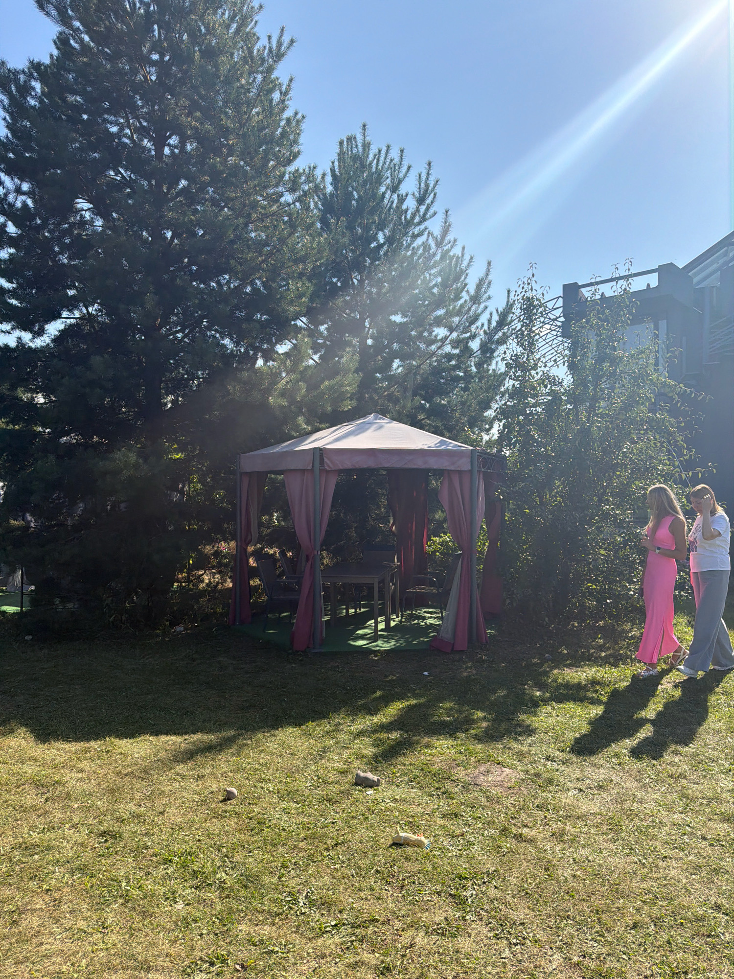 This is a full-shot, eye-level, outdoor photograph taken on a sunny day, likely in Malaya Tsarevschina, Russia. The scene features a red and white gazebo with draped curtains, positioned on a patch of green artificial turf in a grassy backyard. A table and chairs are visible inside the gazebo. To the right of the gazebo, two women are walking. One woman wears a long, bright pink dress and white sandals, while the other wears a white t-shirt and grey pants. Both women are casting long shadows on the grass. In the background, a large coniferous tree dominates the left side of the frame, with a modern building visible behind it on the right. The lawn in the foreground is dry and scattered with a few small objects, including two rocks and a piece of wood or debris. The sky is bright blue with a strong sun glare.