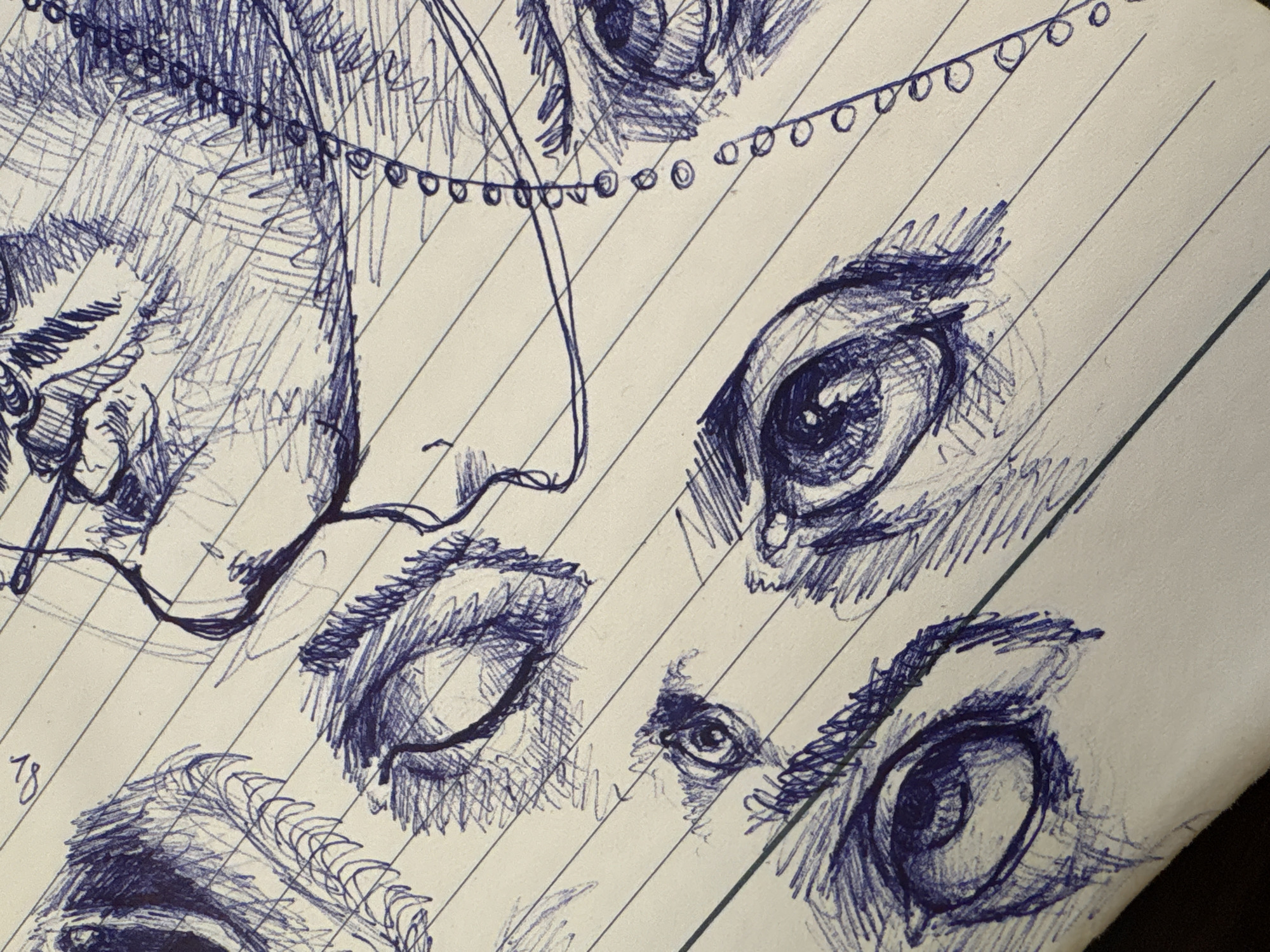 The image depicts a close-up of a page from a lined notebook, filled with pen sketches in blue ink. The sketches primarily consist of various renderings of human eyes, in different shapes and expressions. There is also a sketch of part of a face with a nose and a chin. A string of dots is drawn in a line close to the upper section of the face. The notebook page is not flat, but curved. There is no information about the city of Sofia, Bulgaria, visible in the image.