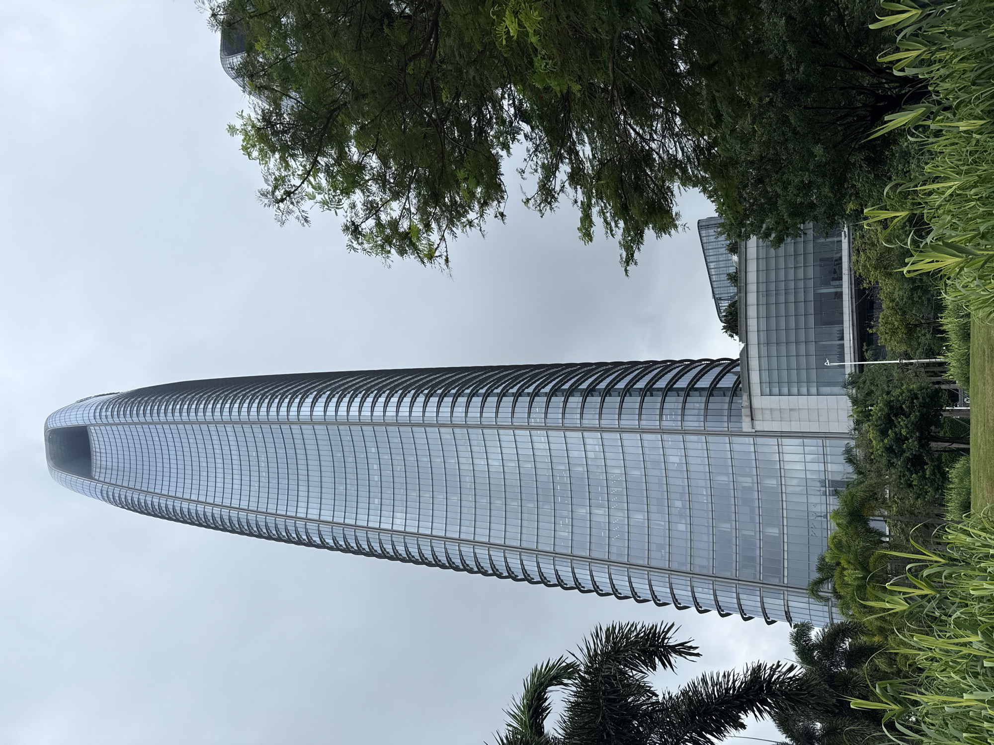 A low-angle, full shot shows a sleek, modern skyscraper with a curved glass facade on a cloudy day in Haizhu District, China. The skyscraper, with its numerous reflective panes, dominates the center of the frame, tapering to a distinctive oval opening at its peak. In the foreground, lush green foliage, including tall grasses and palm fronds, creates a natural border. To the right of the skyscraper, a mature tree with dense green leaves partially obscures a lower, adjacent building also with a glass exterior. The overcast sky provides a diffused, soft light, casting no harsh shadows. No people are visible in the scene.