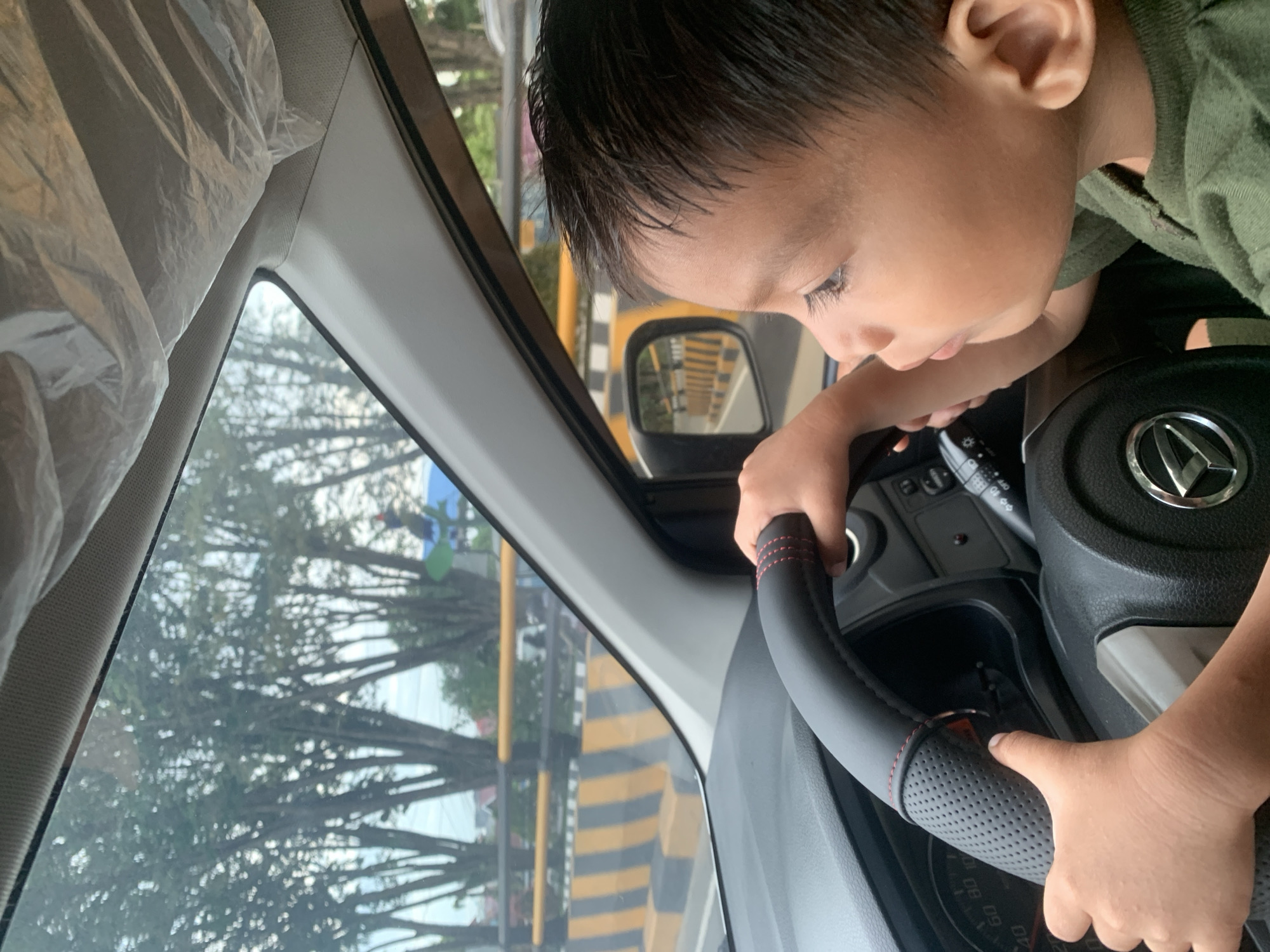 A young boy leans over the steering wheel of a Daihatsu car, in Samarinda, Indonesia. The car is parked next to a street with yellow and black hazard markings. Trees line the street and are visible through the front windshield. A side mirror is visible. The car's interior, including a plastic seat cover, is present in the scene.