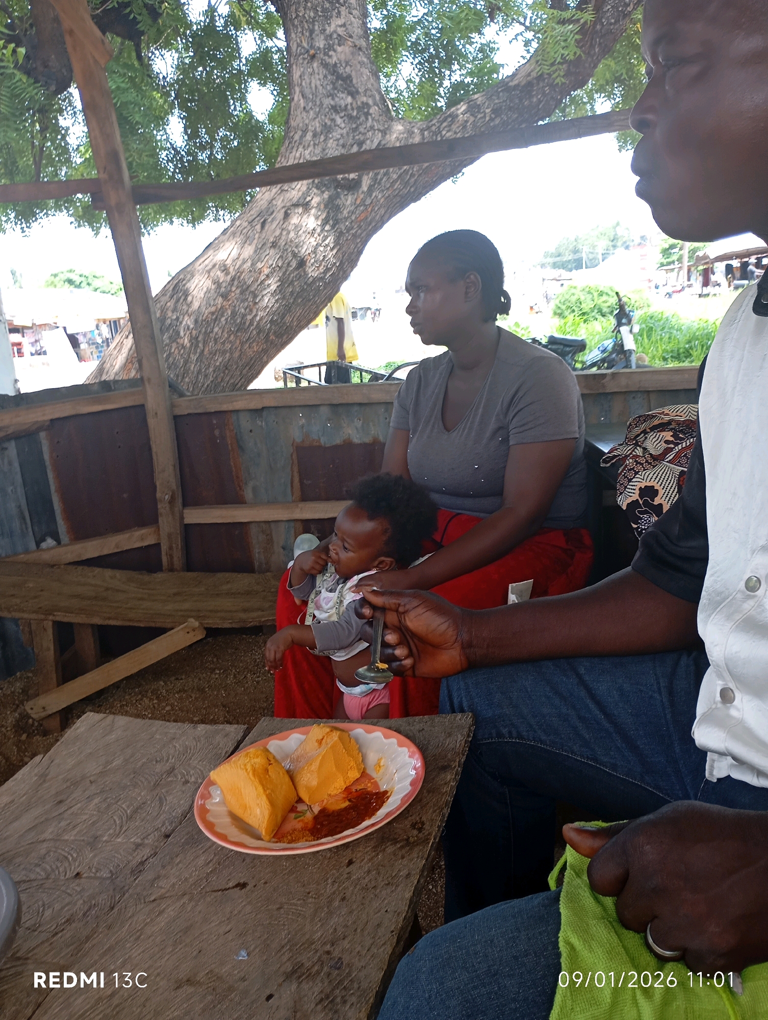 In Shendam, Nigeria, a woman and a child sit under a large tree. The woman, wearing a grey t-shirt and red pants, holds a baby on her lap. The baby is dressed in a white outfit with a bib. In the foreground, a plate with two pieces of yellow food and some red sauce sits on a wooden table. A man's arm, wearing a white shirt and blue jeans, is visible in the lower right corner, holding a green cloth. The background shows a rustic structure with corrugated metal walls and wooden beams, suggesting an outdoor eating area or market stall. In the distance, a motorcycle and more structures are visible. The scene appears to be a casual gathering, possibly a meal break in a marketplace or roadside eatery.