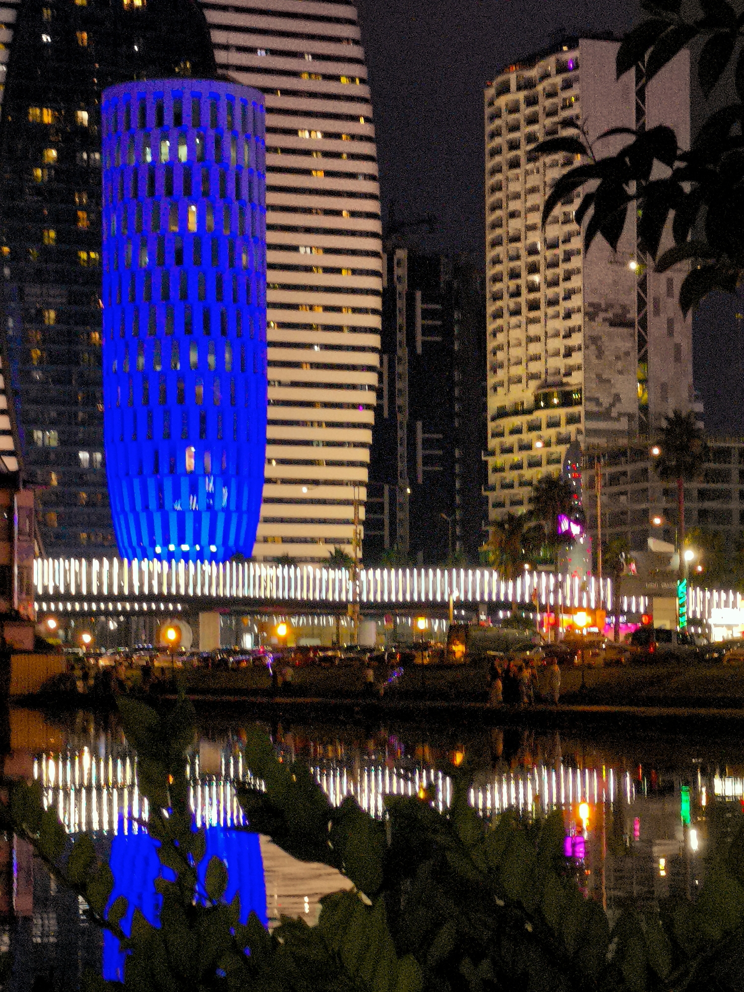 The image captures a nighttime view of a waterfront area in Batumi, Georgia. Dominating the scene are several modern high-rise buildings illuminated by artificial lights. A distinct, cylindrical building on the left is bathed in bright blue light, creating a striking contrast with the surrounding structures. To its right, a tall building with horizontal white and dark stripes is visible, and further to the right, another skyscraper with many rectangular windows stands out.
The foreground is partially obscured by dark, leafy foliage, suggesting a park or natural area near the water. A body of water, likely the sea or a bay, is in the lower half of the image. The water reflects the lights from the buildings and streetlights, creating a shimmering, colorful display. A walkway or promenade is visible along the waterfront, lined with numerous vertical white lights that also reflect in the water. Small groups of people can be seen on this promenade, appearing as indistinct figures in the distance, engaged in leisurely activity. The overall atmosphere is one of a vibrant, urban night scene, characteristic of a popular tourist destination.