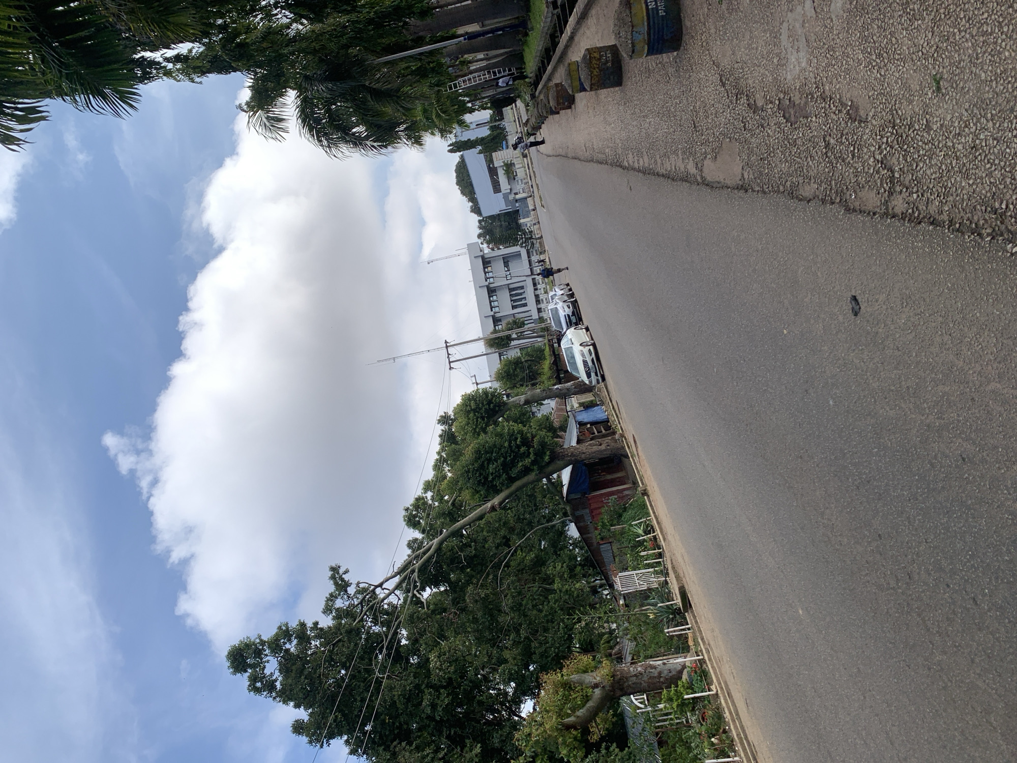The image depicts a street scene in Jos, Nigeria. A paved road curves to the left, bordered by a gravelly sidewalk on the right. Several concrete bollards, some painted with yellow and blue markings, line the sidewalk. Palm trees and other foliage are visible along the right side of the street. On the left, dense green trees and smaller structures with tin roofs are present. In the middle ground, modern buildings with glass windows and flat roofs are situated. Several cars, including a white sedan and a silver sedan, are parked on the side of the road. A few individuals can be seen walking or standing near the buildings and along the sidewalk. The sky is partly cloudy with large white cumulus clouds against a blue backdrop. The scene appears to be a public area with commercial or institutional buildings.