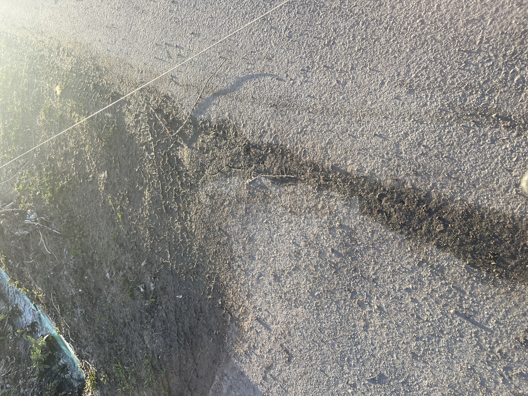 The image shows a section of rough concrete or asphalt ground. A dark, seemingly wet or dirty streak cuts diagonally across the scene, originating from the bottom left edge and extending towards the upper right. There is some dirt, possibly soil, and vegetation along the bottom left edge of the frame. A thin white string or wire is visible near the top left, stretching into the central area of the image. No people, animals, or distinct objects are immediately discernible. The location in Podolsk, Russia cannot be verified from the image alone.