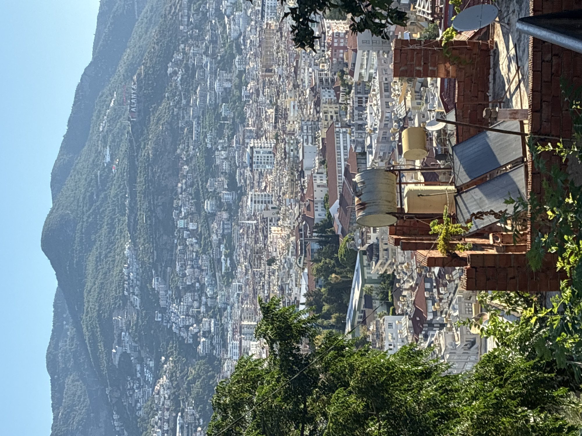 This image provides a panoramic view of Alanya, Turkey, showcasing the city's dense urban landscape nestled against a backdrop of verdant, mountainous terrain. In the foreground, a rooftop scene reveals domestic infrastructure, including water heaters and solar panels, along with a brick chimney and satellite dishes. Lush green foliage, including trees and smaller plants, frames the lower portion of the image, adding a natural element to the urban panorama. The midground and background are dominated by a sprawling city with numerous buildings of varying architectural styles, many featuring white or light-colored facades and red tile roofs. The buildings are densely packed, ascending the hillsides, creating a textured urban fabric. Higher up on the mountain, a prominent sign spelling out "ALANYA" in large, red letters is visible, serving as a clear geographical identifier for the location. The sky is clear and blue, suggesting a sunny day.