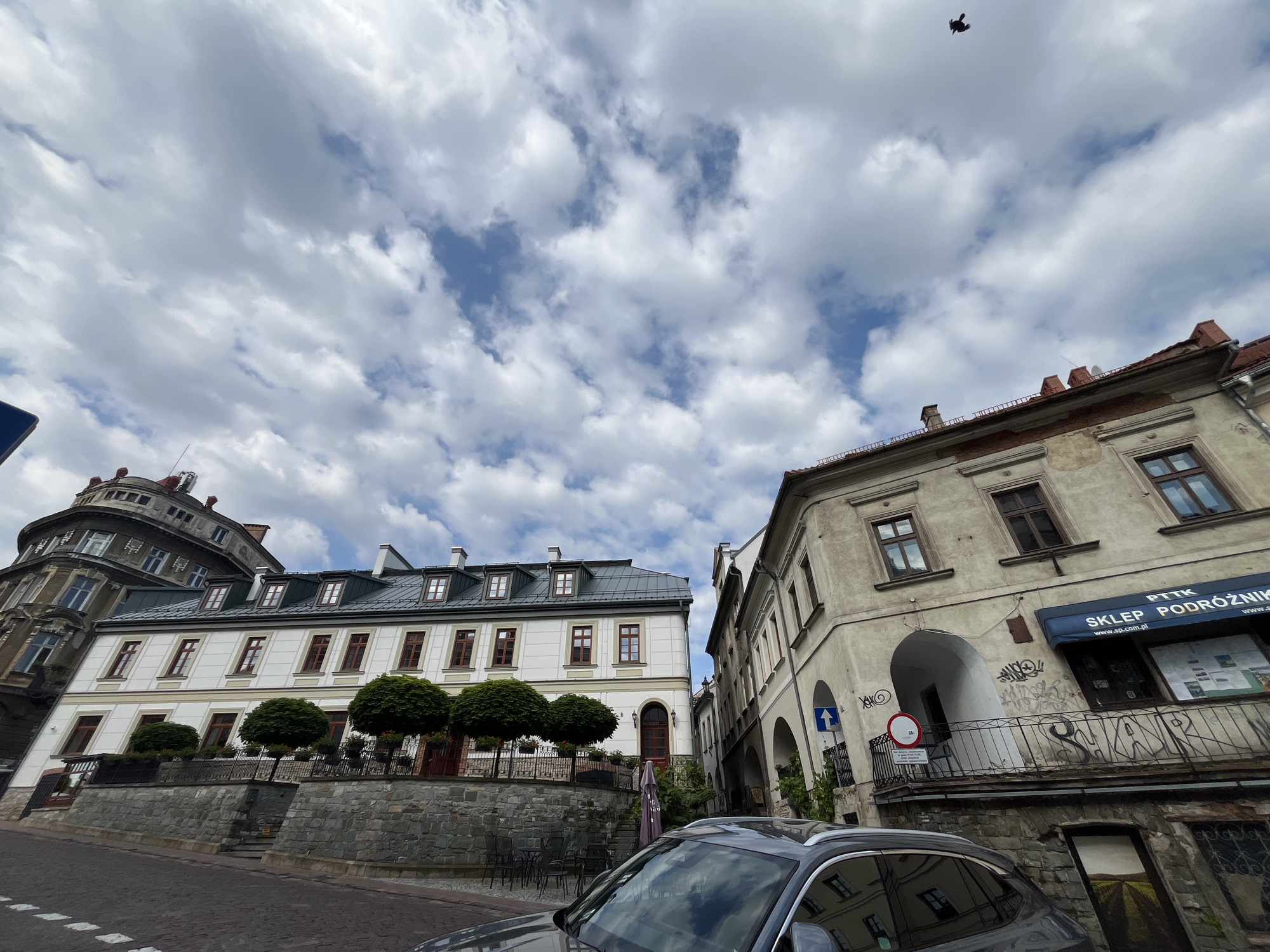 An upward-angle, eye-level exterior shot captures a street scene in a European city, likely somewhere in Poland given the signage. The sky is filled with dramatic, billowing white clouds against a bright blue sky. In the upper center of the frame, a single dark bird is captured mid-flight.
Dominating the foreground and middle ground are several buildings with distinct architectural styles. On the left, a curved, multi-story building with many windows and a rounded facade leans significantly to the right, appearing almost as if it's falling over. Adjacent to it, and slightly to the right, is a white building with a dark gray roof, featuring evenly spaced windows with reddish-brown trim. This building is set back from the street behind a low stone wall and a row of three perfectly spherical topiaries.
To the right of the white building, a weathered, cream-colored building with arched doorways and a dark blue awning with Polish text, "SKLEP PODRÓŻNIK," is visible. This building has a wrought-iron balcony covered in graffiti. Below the balcony, the facade shows signs of age and peeling paint.
In the very bottom right of the image, the hood and windshield of a dark gray SUV are visible, reflecting the cloudy sky and surrounding buildings. The street in the foreground is paved with dark cobblestones and has white lane markings. A metal table and chairs are set up on a patio area in front of the white building. The scene conveys a sense of old-world European charm mixed with modern elements.