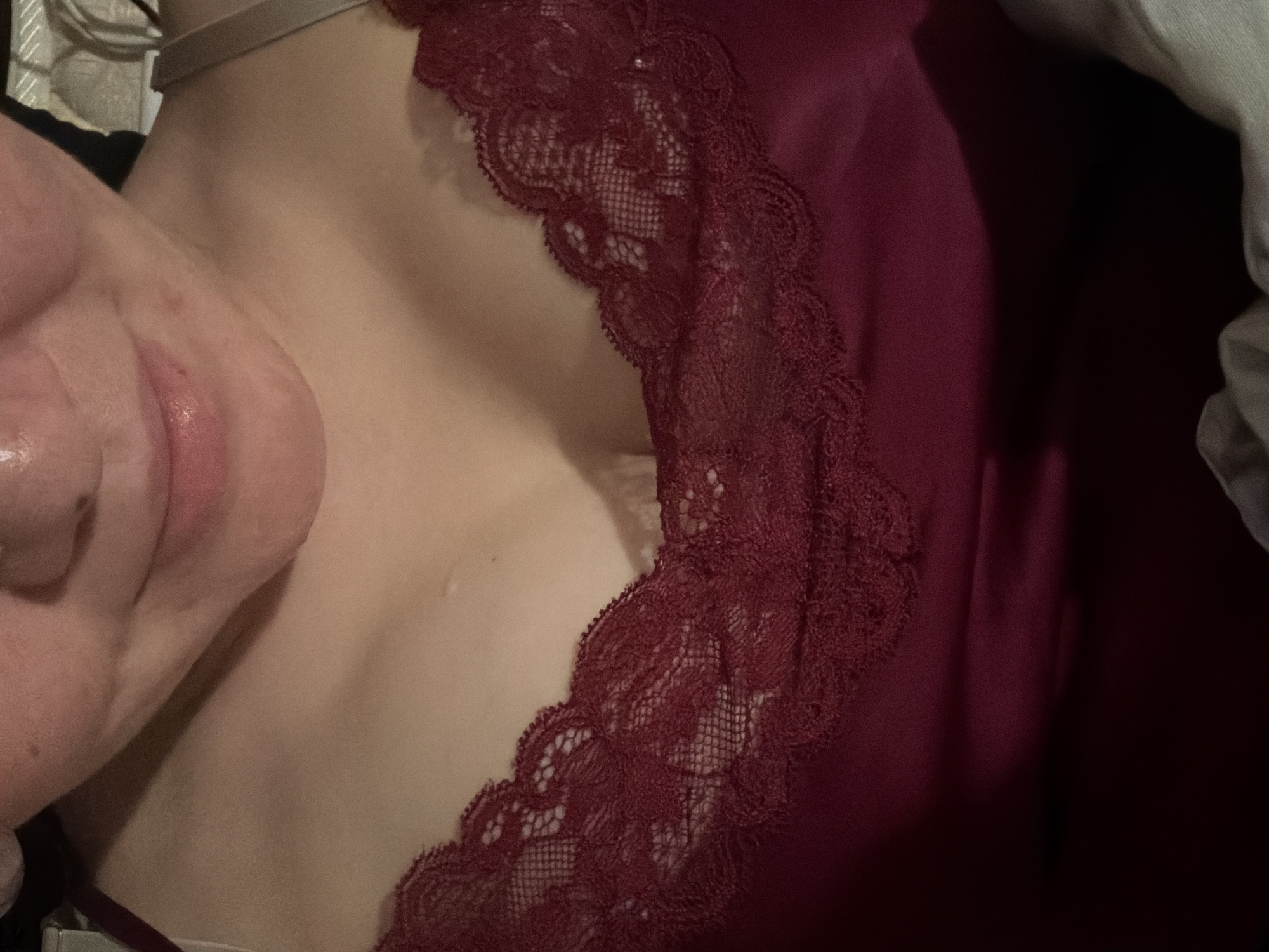 The image shows a close-up view of a person's chest and chin area, wearing a burgundy satin camisole with lace trim. The person's skin is visible, and their lips are slightly parted. The lighting is dim, with shadows casting across the scene. The background is out of focus and appears to be a neutral color. There are no other objects or people clearly visible in the image. The location is not identifiable.