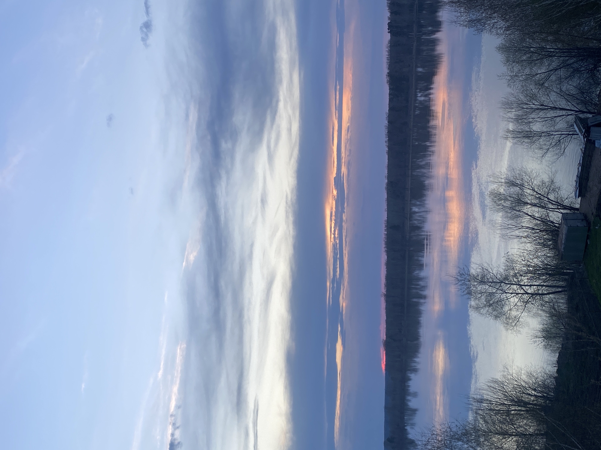 The image shows a landscape in Noviy, Russia. The scene is captured during what appears to be a sunset or sunrise, indicated by the hues of orange, pink, and blue in the sky. The sky is partially cloudy. A body of water reflects the sky and the colors of the sunset. Trees with bare branches line the edge of the water. A small structure is visible among the trees.