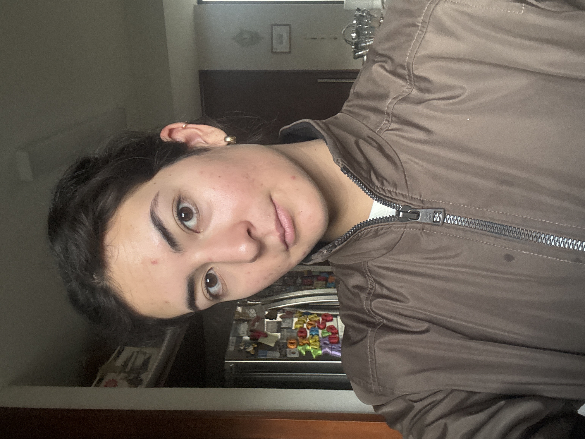 A person with light skin and dark hair is wearing a brown, zipped-up jacket. The person is likely indoors, judging by the interior setting. Background includes a closed dark-colored door and a refrigerator with magnets. The location is unknown and cannot be identified as Puebla, Mexico without additional information.