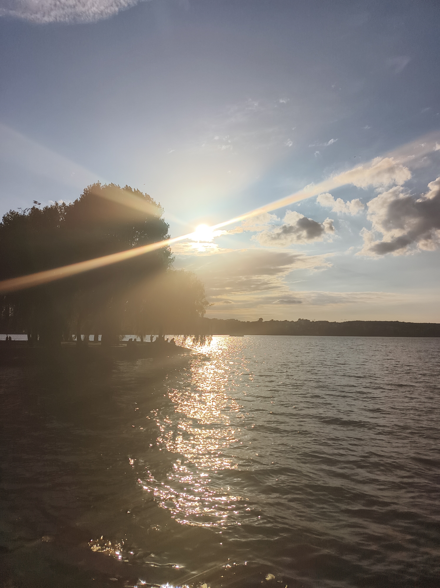 The image depicts a tranquil scene of Ternopil Lake in Ternopil, Ukraine, during what appears to be late afternoon or early evening. The sun, positioned in the upper portion of the sky, casts a warm, golden glow, with its rays piercing through a line of trees on the left side of the frame. The sunlight glints off the surface of the water, creating a shimmering effect.
A dense cluster of trees, silhouetted against the bright sky and sunlight, dominates the left bank of the lake. The trees' foliage appears full, suggesting a temperate season. Beneath the canopy of the trees, indistinct figures of people can be seen, some seated, indicating a recreational area or park setting along the lakeshore. The water itself is calm, with gentle ripples disturbing its surface.
In the distance, the opposite bank of the lake is lined with a low, dark silhouette of trees or vegetation, and beyond that, a faint outline of buildings or structures can be discerned against the horizon. The sky is a mix of blue and white, with scattered clouds, some of which are illuminated by the setting sun. A few birds are visible in flight against the sky. The overall atmosphere is one of peacefulness and natural beauty.