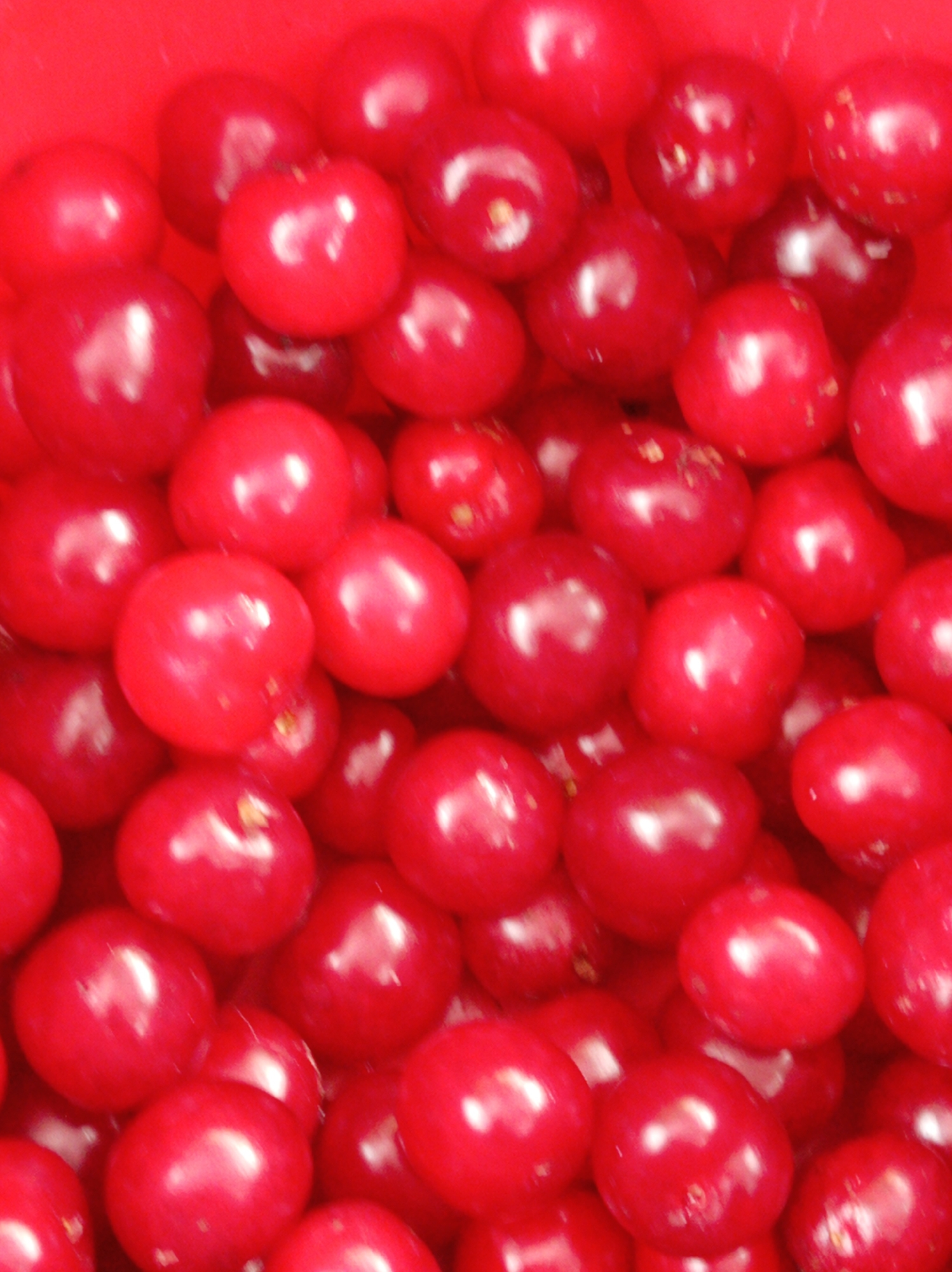 A close-up, overhead shot shows a bright red surface filled with many shiny, red cherries. The cherries are various sizes and are clustered together, creating a rich texture. The lighting highlights the smooth, rounded surfaces of the fruit, with reflections of light scattered across them. There is no indication of people, actions, or interactions. The scene appears to be a still life arrangement of cherries in a container, with no specific location in Artyom, Russia, identifiable from the visual information provided.