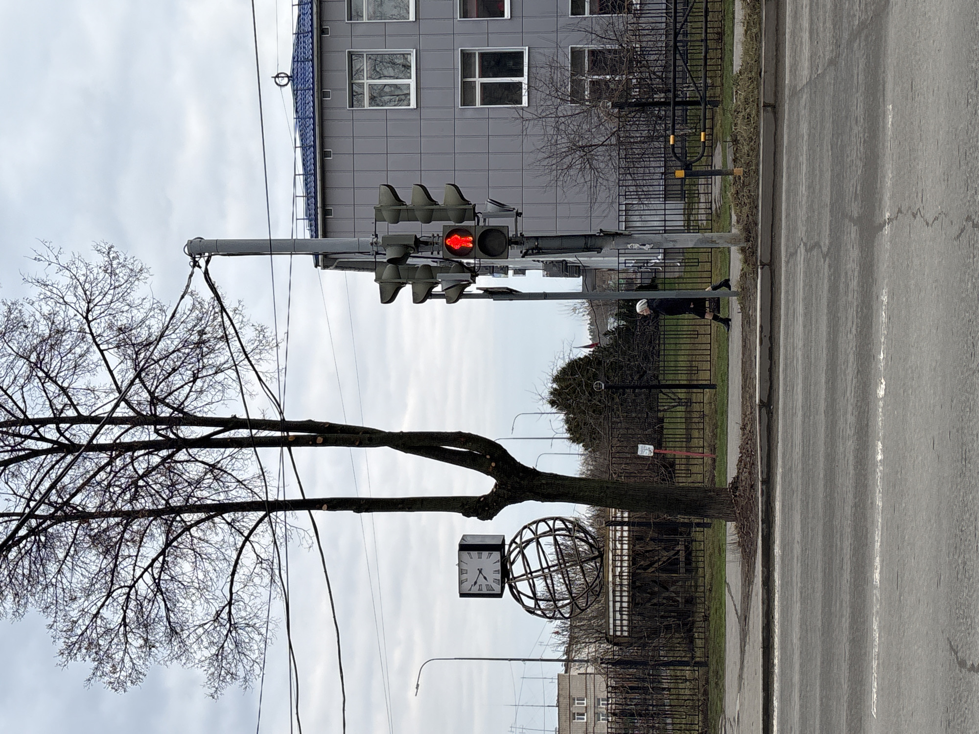 The image shows a street scene in Chaikovsky, Russia. A bare tree stands next to a sidewalk adjacent to a road with white lane markings. A clock mounted on the tree displays the time, next to a spherical decorative metal structure. A traffic light with a red arrow is visible overhead. A gray building with windows is situated behind the traffic light and across the street. A person in dark clothing and a light-colored hat is walking along the sidewalk. A metal fence is visible between the sidewalk and a green area. Streetlights are placed on the far side of the street. The sky is overcast.