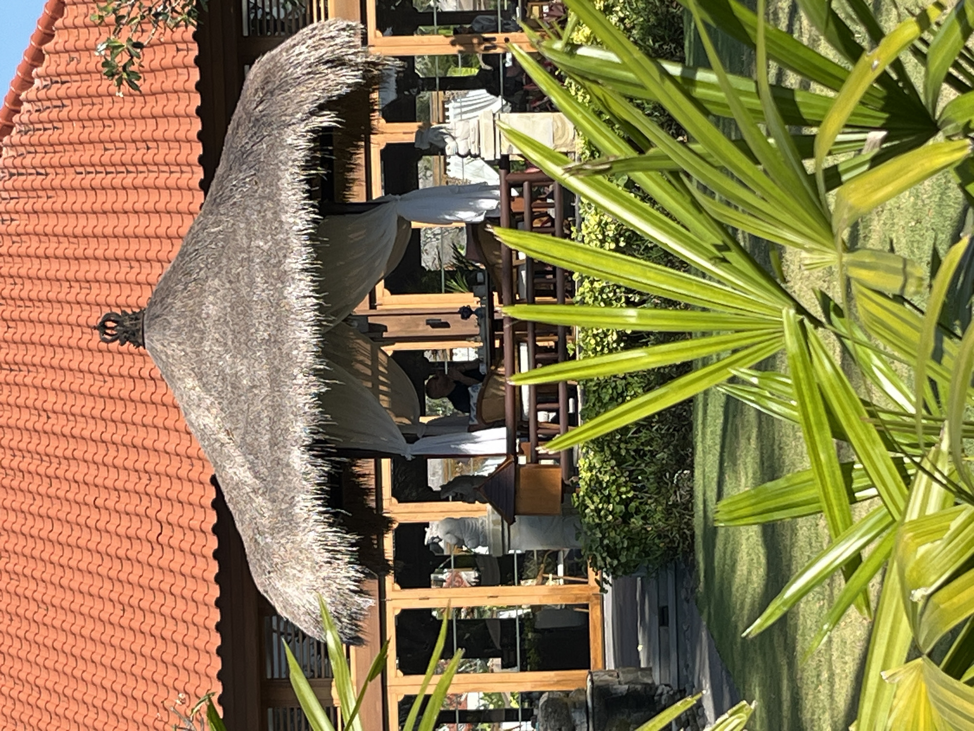A wide shot captures an outdoor seating area shaded by a thatched-roof gazebo in Kuta Selatan, Indonesia. The gazebo's roof, made of dried palm leaves, is topped with a small, ornate crown. White curtains hang from the gazebo's structure, providing a soft enclosure. Inside the gazebo, a person is seated at a table, appearing to be dining or conversing. The gazebo is surrounded by lush green foliage and a well-maintained lawn. In the background, a building with an orange tiled roof and wooden-framed windows is visible. The scene is well-lit, suggesting it is daytime.