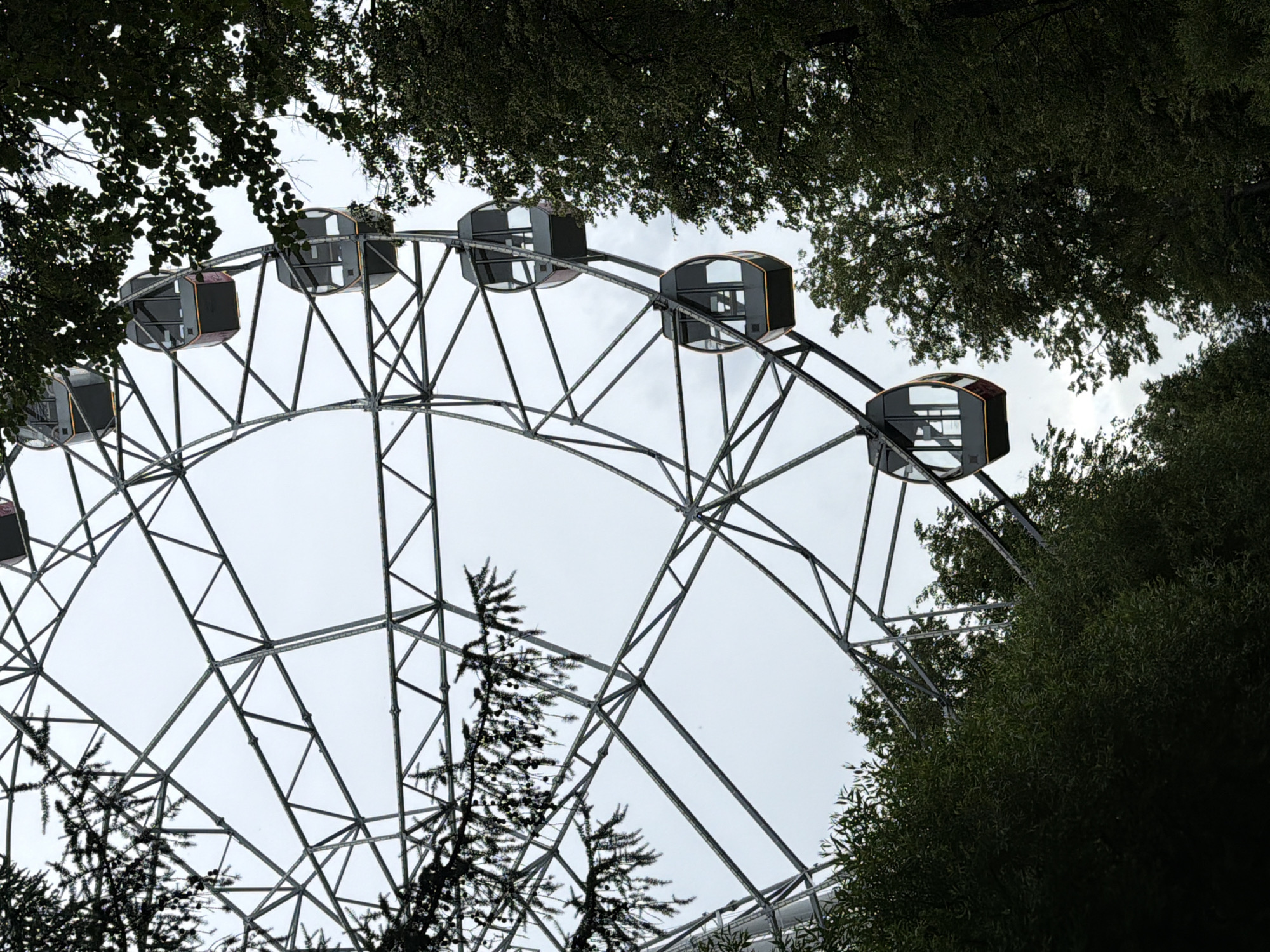 The image shows a Ferris wheel, a common amusement park ride, situated in a natural setting with lush green trees surrounding it. The Ferris wheel is a large, circular structure with multiple cabins suspended from its outer rim. These cabins are enclosed and appear to be designed to carry passengers, offering panoramic views of the surroundings. The trees are dense and leafy, suggesting a park or forested area. The sky is overcast, indicating a cloudy day. The overall scene evokes a sense of leisure and outdoor recreation. The specific location in Perm, Russia, is not ascertainable from the image alone.