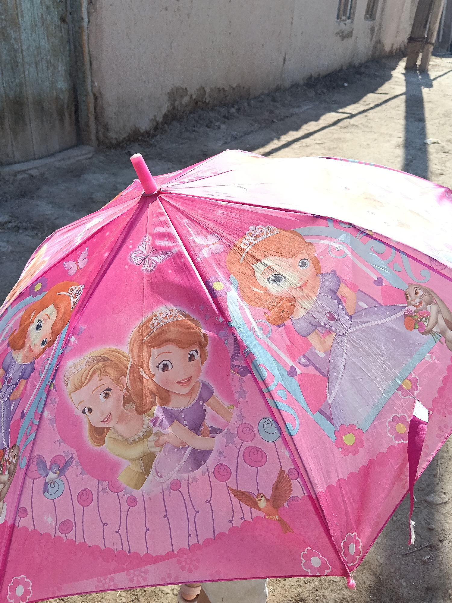 An open, pink umbrella with cartoon princess characters, specifically Sofia the First, is displayed outdoors in a city environment. The umbrella features images of Sofia and another princess, along with butterflies, flowers, and a bird. The background shows a dirt road and a building with a weathered facade. The scene is set in the city of Altinkul, Uzbekistan. The lighting suggests it is daytime, with shadows cast on the ground from a nearby pole.