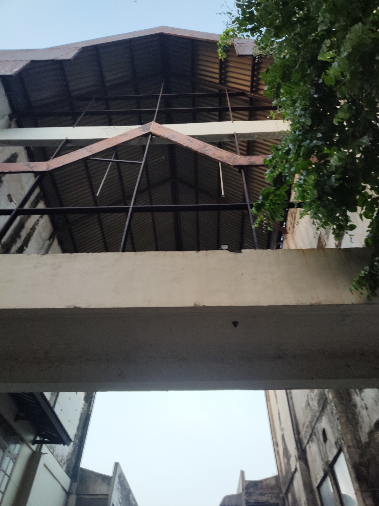 The image shows a low-angle view of an unfinished or abandoned building structure. The building has a corrugated metal roof supported by a dark metal frame. A concrete overhang or balcony is visible in the foreground, casting a shadow. To the right, green foliage from a tree encroaches into the frame. The sky is visible above the building. The lower portion of the image reveals glimpses of other parts of the structure, including walls and what appear to be windows. The scene suggests an urban or semi-urban environment in Bangil, Indonesia, likely a construction site or a derelict building.