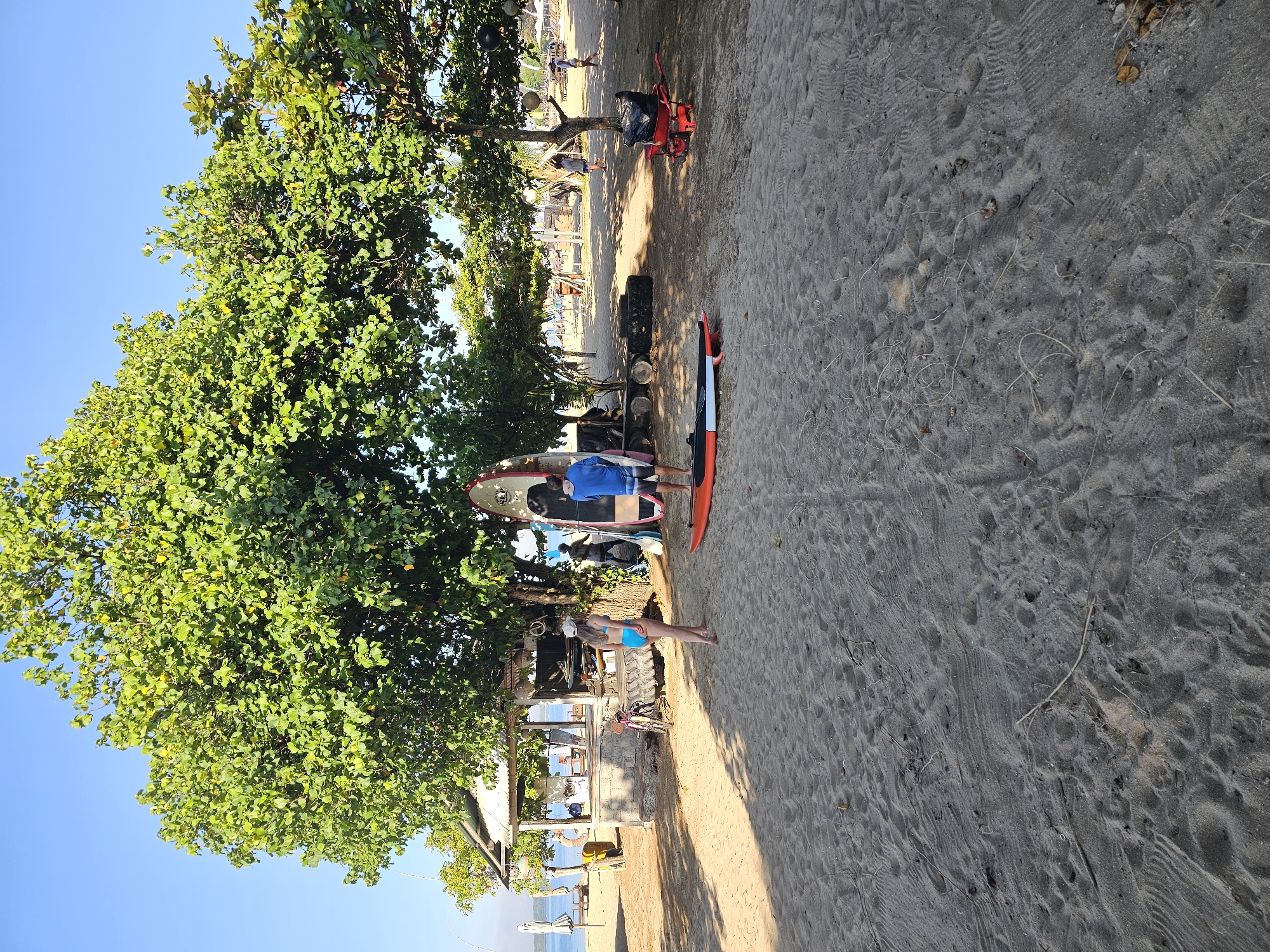 The image depicts a beach scene in Denpasar, Indonesia. A large tree with dense green foliage dominates the left side of the frame, casting shadows across the sand. Two people stand near the tree, one wearing a blue shirt and the other in a blue bikini. Surfboards are leaned against a structure behind them. In the background, there are other people, beach equipment, and trees lining the shore. The sand covers the majority of the ground, with footprints and debris scattered across it. The sky is a clear blue.