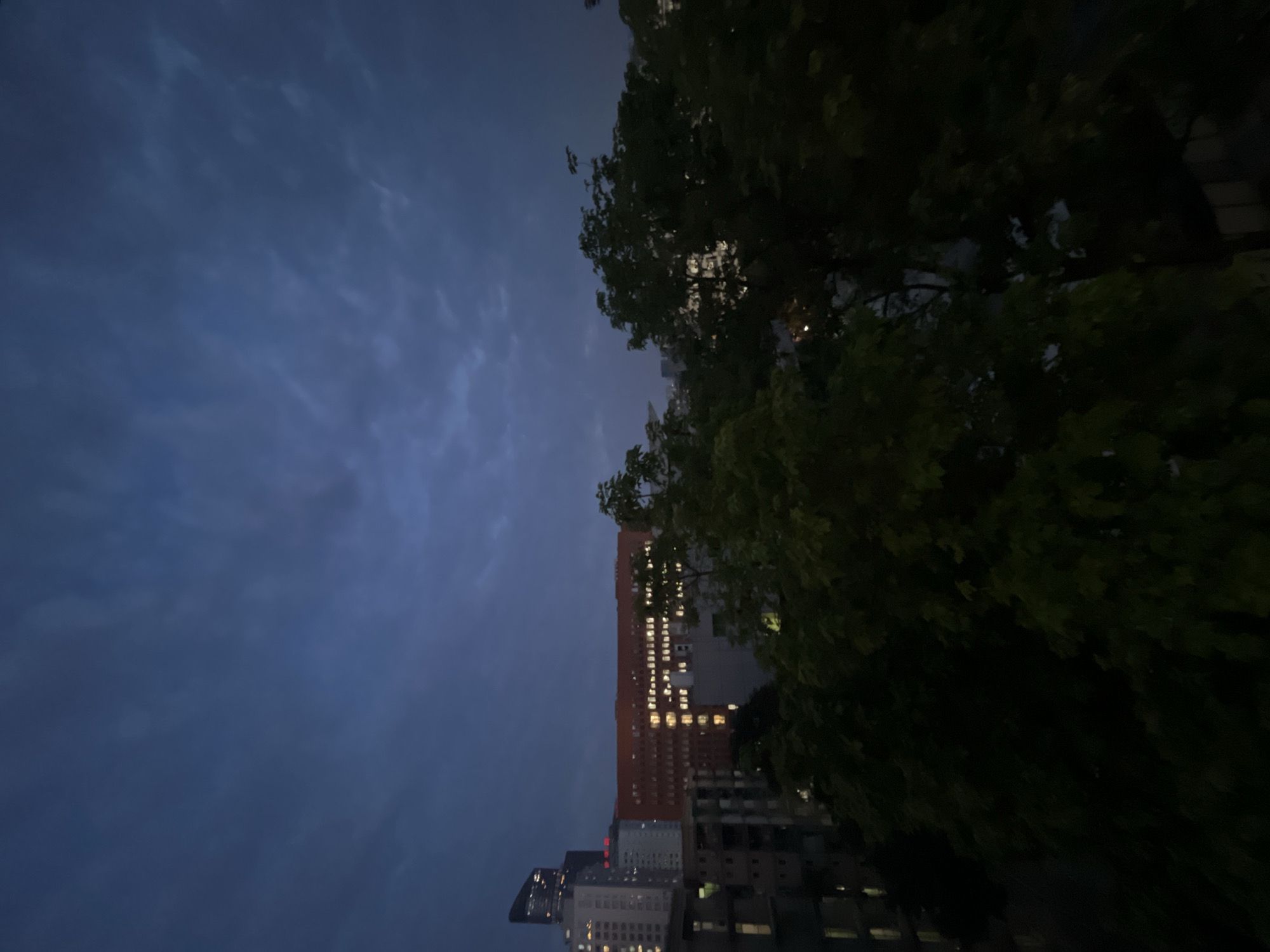 This media file depicts an urban landscape at night or late dusk. The scene is dominated by a dark, cloudy sky on the left, transitioning into an urban skyline on the right, partially obscured by dense tree foliage.
**Subjects:** The primary subjects are the dark sky, several multi-story buildings, and large, leafy trees. The trees, mostly in silhouette, occupy the right portion of the image, showing dark green leaves. The buildings vary in height and color; one prominent structure has a reddish-brown facade with many windows illuminated by warm yellow lights, while others appear darker and more muted. No people or animals are visible.
**Activity or event:** There is no specific activity or event taking place; the image captures a static, tranquil urban scene.
**Notable details:**
* **Time of day:** The dark sky and numerous illuminated windows indicate it is either night or late twilight.
* **Weather:** The sky is overcast with subtle, wispy cloud formations visible, suggesting a cloudy but calm evening.
* **Location cues:** The presence of modern high-rise buildings is consistent with an urban environment like Yuzhong District, China, as provided in the context. The specific architectural styles are not distinct enough for further identification without the provided location.
* **Emotions:** The dark tones and scattered lights create a somewhat quiet and contemplative atmosphere.
* **Visible text:** There is no discernible text visible in the image.