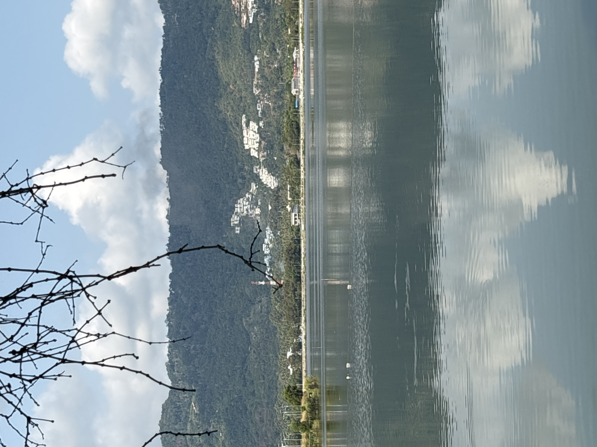 The image shows a lake bordered by land with vegetation and buildings, likely taken in or near the city of บ้านบางรักษ์, Thailand. Dominating the scene on the left is a hillside covered in dense green vegetation. White buildings dot the hillside. In the foreground, bare tree branches extend from the left side. To the right of the hillside is a narrow strip of land with vegetation and possibly a road. This strip borders the lake. The lake reflects the sky, which is partially obscured by clouds, giving the water a light gray color. The image appears to be rotated.