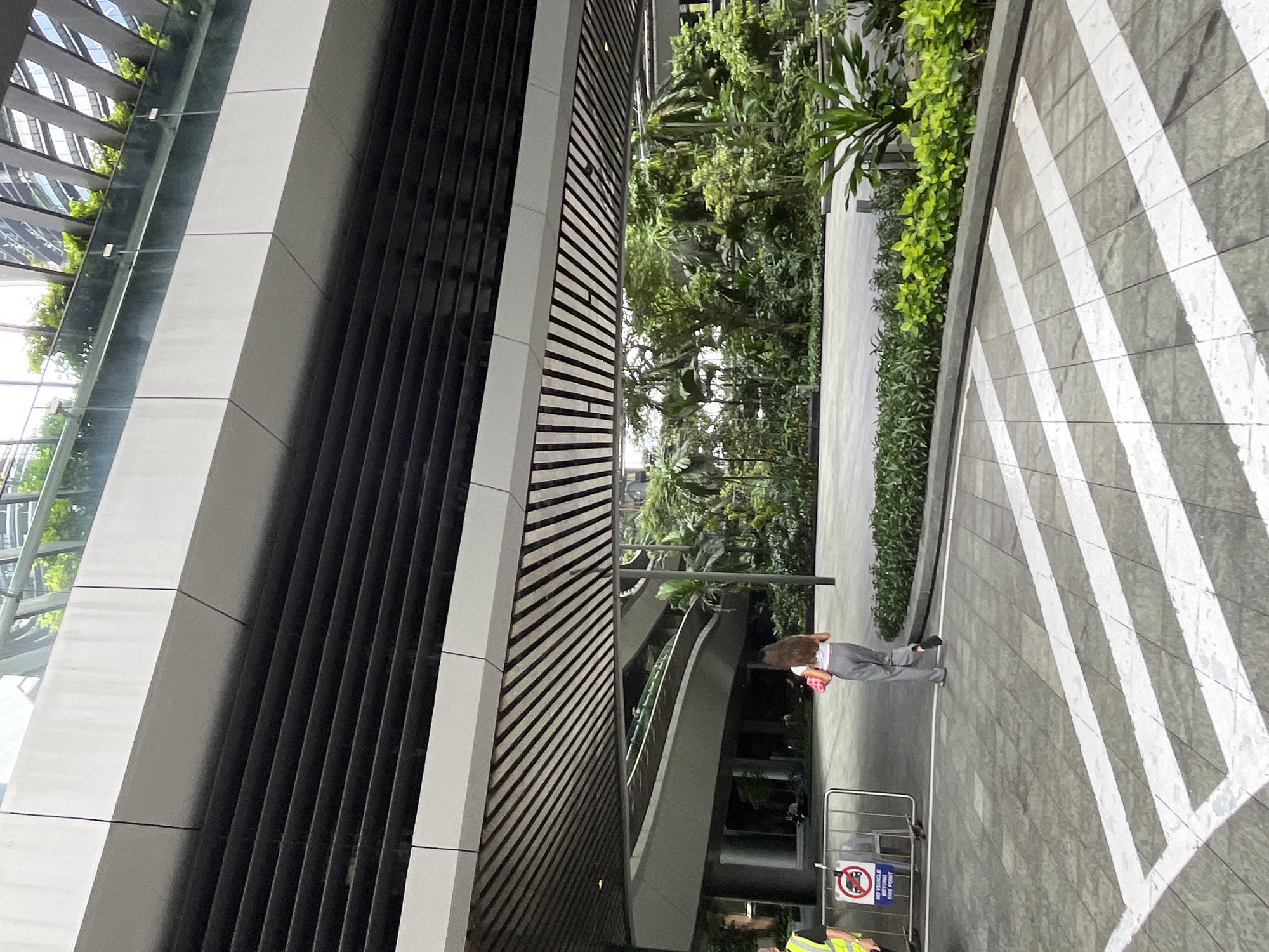 A full shot captures a person walking away from the camera, towards a lush, green outdoor space. The individual, with long, brown hair, is wearing a white t-shirt, grey pants, and carrying a pink item. The scene unfolds on a paved walkway with white diagonal stripes. To the left, a security guard in a yellow vest stands near a metal barrier with a "No Vehicle" sign. The walkway leads to a wide, open area surrounded by vibrant greenery, including palm trees and other foliage, suggesting an urban oasis within a modern cityscape. Above, a contemporary architectural structure with horizontal slats provides shade, hinting at the metropolitan location. The overall impression is one of a serene, well-maintained public space in a bustling city. The architecture, lush greenery, and the presence of the security guard suggest this location is likely in Singapore, possibly within a well-known business or garden district.