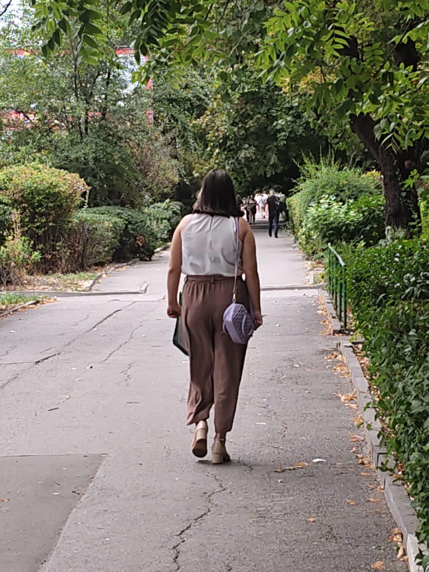 A woman walks away from the camera down a paved pathway lined with green bushes and trees. She is wearing a white sleeveless top and brown wide-leg pants. A light purple handbag is slung over her right shoulder, and she carries a dark green folder in her left hand. Her shoes are light brown with a thick heel. Several other people are visible walking further down the path, as well as buildings in the distance. Fallen leaves are scattered on the pathway and along the curb. The scene appears to be a park or a tree-lined street. This image is from Rostov-on-Don, Russia.