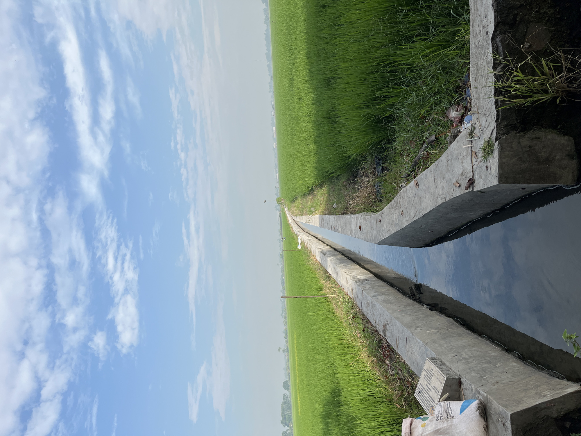 An outdoor, eye-level, wide shot captures a concrete irrigation canal filled with dark water reflecting the sky. The canal bisects a vibrant, green rice field that stretches to the horizon. The sky above is a soft blue, dotted with white, wispy clouds. On the left side of the canal, a white bag and a rectangular object with text are placed on the concrete edge. The scene appears to be in a rural or agricultural area.
