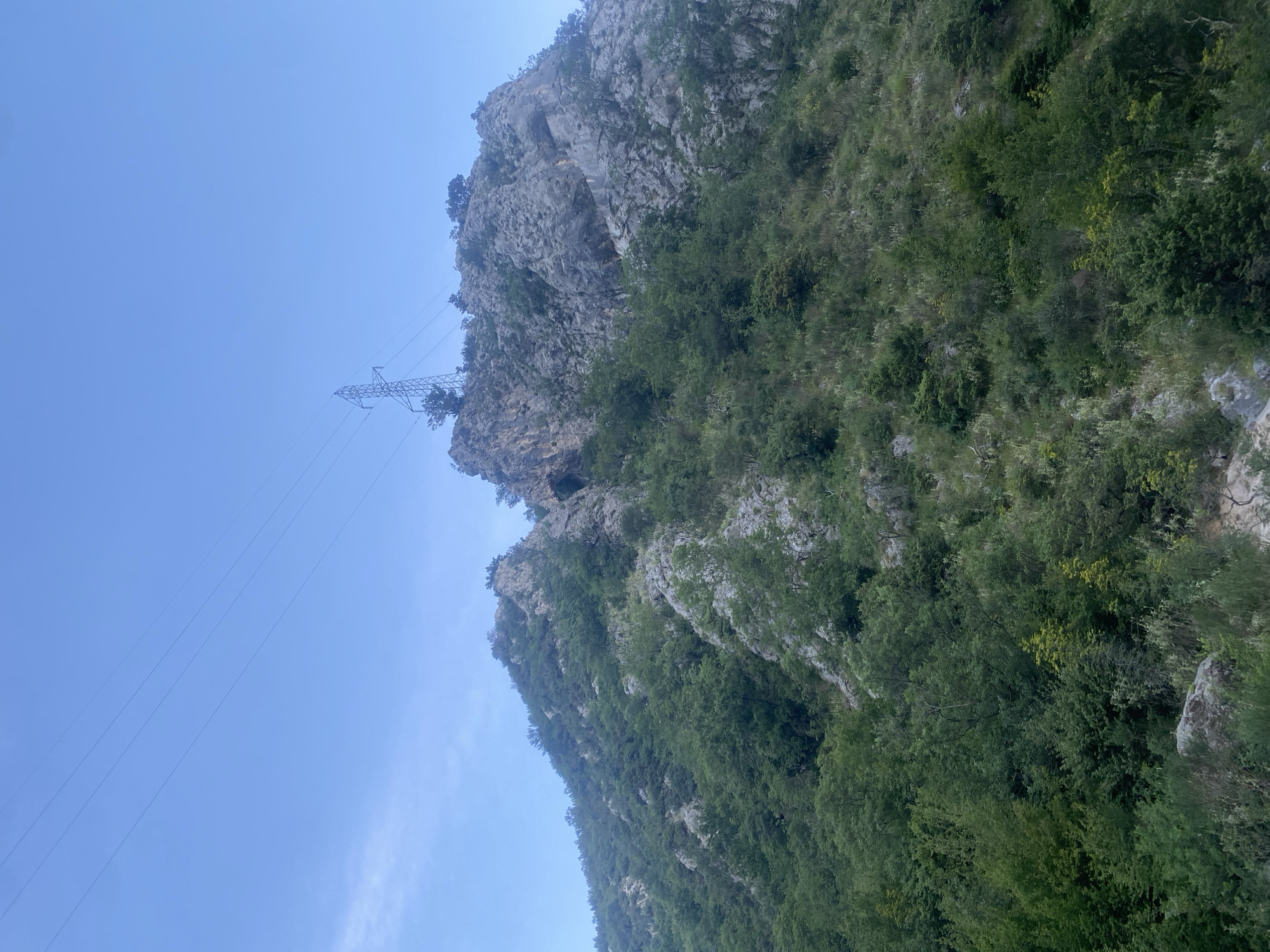 The image captures a vast, rugged mountainous landscape under a clear, bright blue sky. A steep hillside, covered with dense green vegetation, dominates the right and central parts of the frame. This vegetation consists of numerous trees and bushes, some exhibiting lighter green or yellowish leaves. Interspersed among the foliage are grey, rocky outcrops and cliff faces, indicating a craggy terrain.
On the upper left side, a large, metallic electricity pylon (transmission tower) stands on a ridge of the mountain. Multiple power lines extend horizontally from the pylon, stretching across the expanse of the sky. The sky is entirely cloudless, suggesting fine weather and a daytime setting. There are no people visible, and no specific activity is taking place. The scene conveys a sense of natural grandeur and ruggedness. No text is present in the image. This landscape is situated in Zupci, Montenegro.