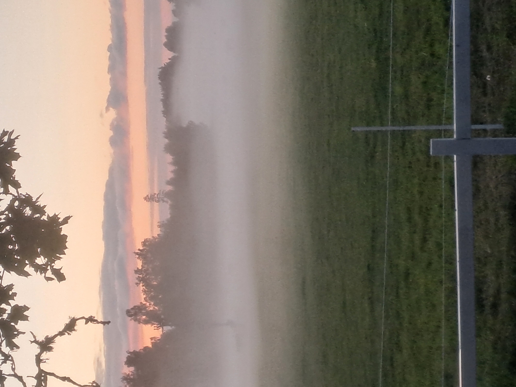 The image depicts a serene rural landscape in Björkvik, Sweden, at dawn. A thick layer of mist blankets the field, obscuring the treeline in the distance and lending an ethereal quality to the scene. The sky above transitions from a soft, peachy hue near the horizon to a pale pink, with wispy clouds adding subtle texture. In the foreground, a lush green meadow is partially visible, with a white fence and a single grey fence post demarcating the edge of the property. The branches of a leafy tree hang from the top of the frame, adding a natural element to the composition. The overall atmosphere is one of tranquility and natural beauty, characteristic of a quiet morning in the Swedish countryside.
