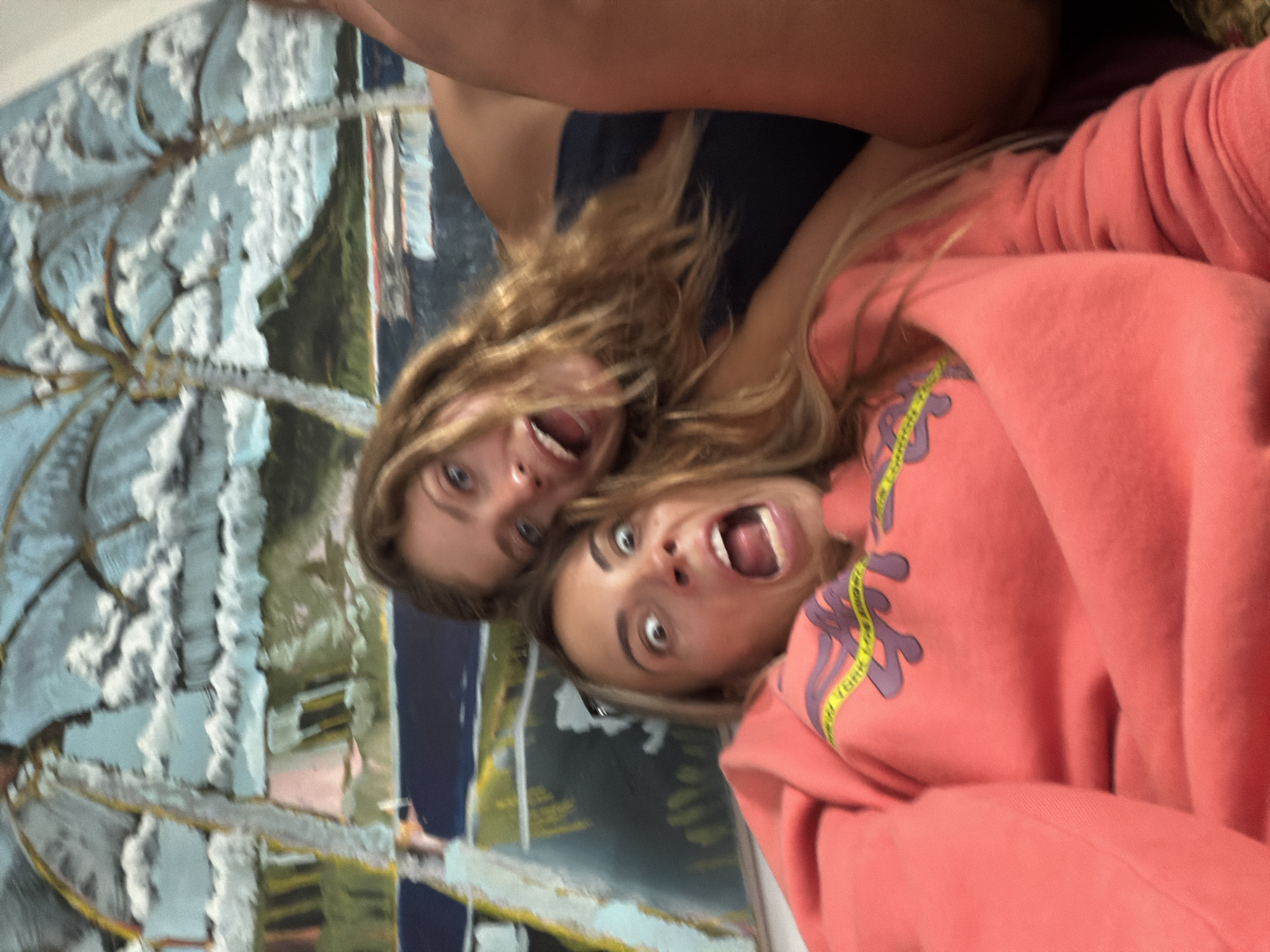 Two Caucasian women are pictured in a close-up shot. One woman, positioned in the foreground and wearing a salmon-colored sweatshirt with purple and yellow embellishments, has her mouth open. The other woman, located in the background, also has her mouth open. They are in front of an abstract painting. This image was taken in Malibu, United States of America.