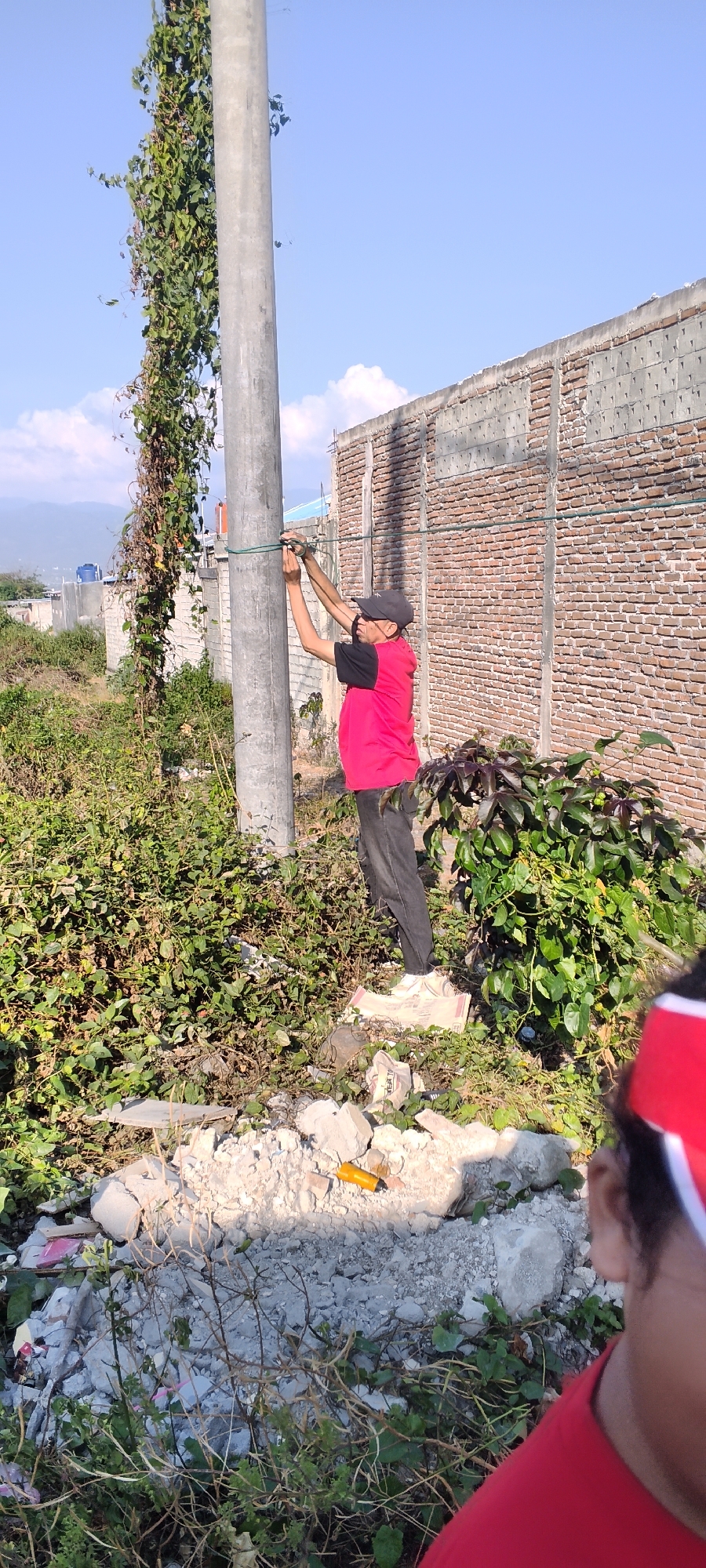 In Tawanjuka, Indonesia, a man wearing a red vest over a black shirt and black pants, and a black baseball cap is standing next to a concrete utility pole. He is attaching a green string or wire to the pole with his hands. The pole is partially covered by a dense green vine. Behind the man is a brick wall with concrete supports. The ground is covered in green vegetation and debris, including broken concrete and some white bags. The sky is blue with some scattered white clouds, and a distant mountain range is visible. In the foreground, the back of another person's head, wearing a red shirt, is visible.