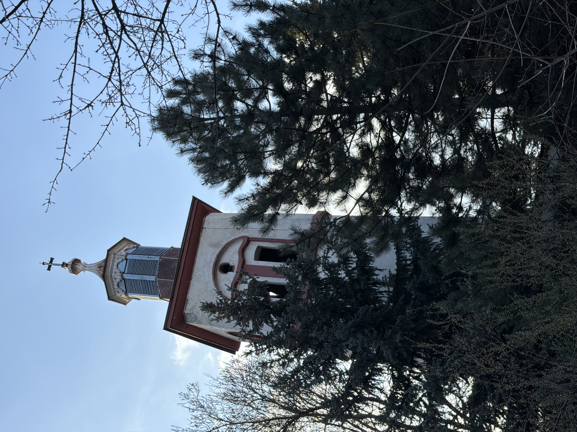 The image depicts the bell tower of the Church of the Assumption of the Blessed Virgin Mary, located at 15 Tsar Osvoboditel Blvd, Sofia, Bulgaria.
The bell tower is a multi-tiered structure, primarily off-white with reddish-brown trim. The main lower section is rectangular, displaying two arched, open bell apertures on the visible side, along with a smaller circular opening above them. The upper section is an octagonal belfry with louvered panels, topped by a stylized pinnacle and a dark cross. The structure shows signs of weathering on its painted surfaces.
The tower is partially obscured by dense vegetation. To the left and foreground, bare deciduous tree branches, characteristic of winter or early spring, are silhouetted against the sky. To the right and surrounding the tower, several tall, dark evergreen trees, identified as pines or firs, are prominent. The lower foreground features a dense mass of darker shrubs or smaller trees with nascent foliage.
The sky is clear blue with minimal cloud cover, indicating daylight. The lighting creates a strong contrast, silhouetting the foreground vegetation against the brighter sky and highlighting portions of the tower while leaving its bell openings in shadow. No individuals, animals, or discernible actions are present in the scene.