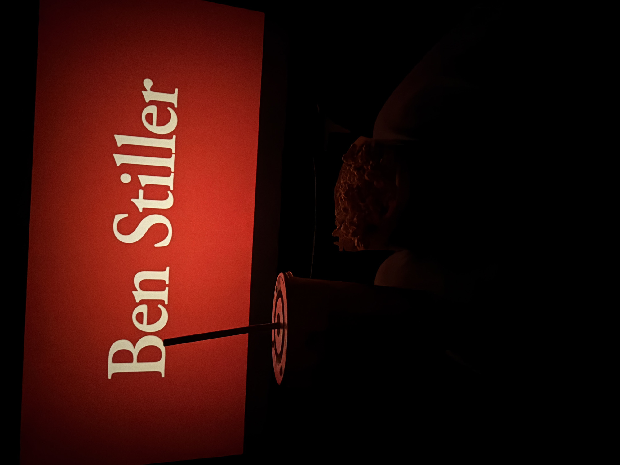 The image shows a museum exhibit. On the left, a vertical red sign displays the name "Ben Stiller" in white, sans-serif font. A thin black support extends from the sign towards the right, where a spotlight illuminates a bust of a person. The bust is placed in a dark environment, obscuring details of the surrounding area. This photograph was taken inside the Museum Pfalzgalerie Kaiserslautern, in Kaiserslautern, Germany.