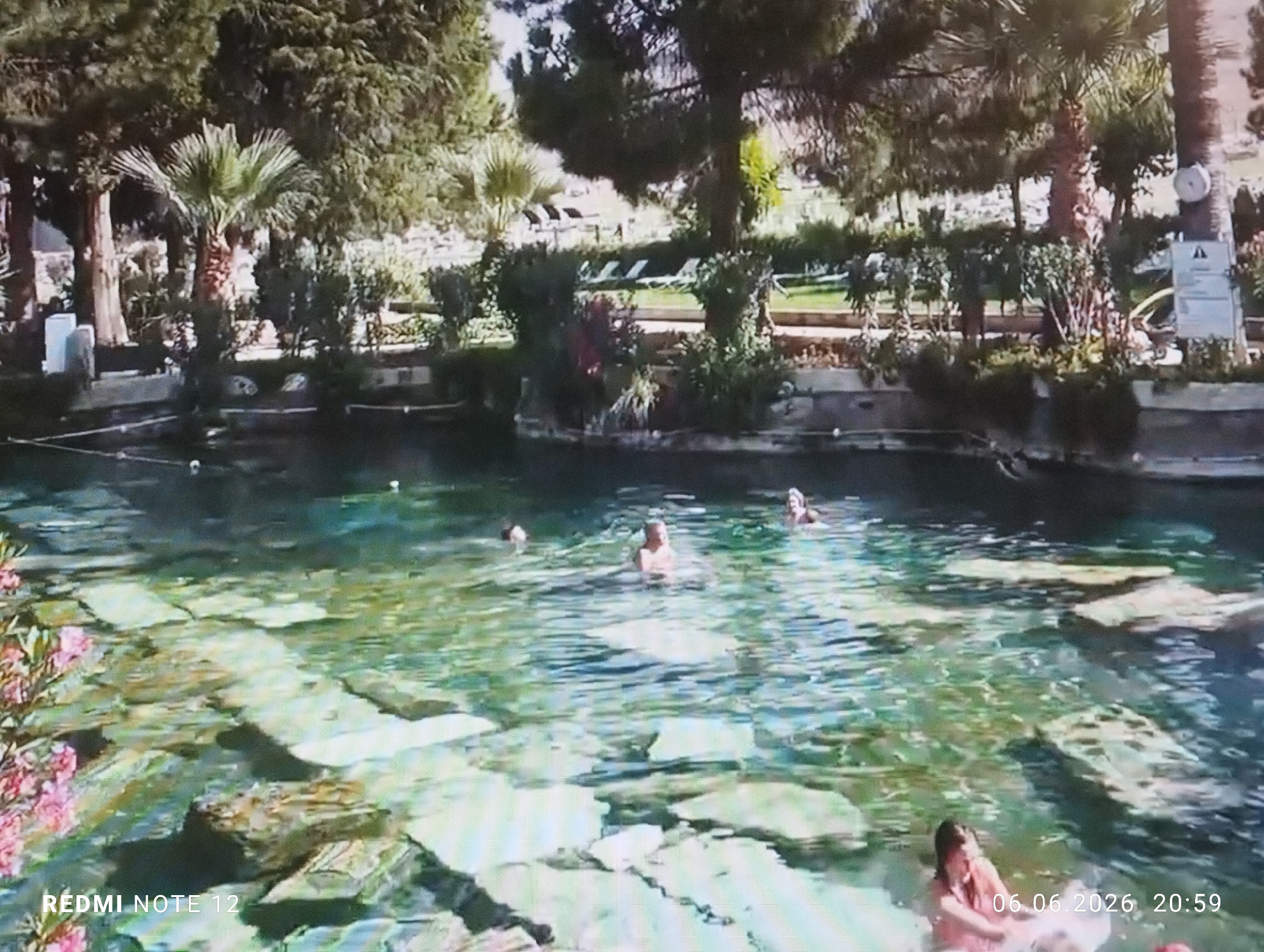 The image depicts an outdoor, clear, light blue-green pool surrounded by lush green vegetation. Several individuals are visible swimming, wading, or floating in the water. The pool's bed is distinctly characterized by numerous submerged, light-colored stone blocks and fragments, consistent with ancient architectural ruins such as fallen columns or foundational stones.
In the foreground, on the lower right, a person with dark hair, wearing a reddish-orange top, is partially submerged, facing left, and appears to be playing in the water. Toward the center, another person with fair skin and dark hair is visible from the chest up, facing slightly right. Further back, on the left, the head and shoulders of a third person are visible, while on the right, the head and shoulders of a fourth person are seen. Another head is visible further back on the left side of the pool. All individuals appear to be in swimwear.
The pool is bordered by a structured bank and dense foliage. The background features a variety of trees, including tall conifers and a distinct palm tree with fan-shaped fronds on the left. Smaller green shrubs and bushes line the pool's edges. In the lower left foreground, a cluster of pink-flowered plants is visible.
On the left bank, a white, rectangular post or structure is present. In the mid-ground behind the pool, a grassy area with several white sun loungers or reclining chairs is visible. On the right bank, attached to a tree trunk, there is a circular white object (possibly a gauge) and a rectangular white sign with black text and a black triangular warning symbol. A faint rope or demarcation line is partially visible in the water on the left side of the pool.
The bottom left corner of the image contains a "REDMI NOTE 12" watermark, and the bottom right corner displays "06.06.2026 20:59". The scene is well-lit, suggesting daytime or early evening, despite the specific timestamp.