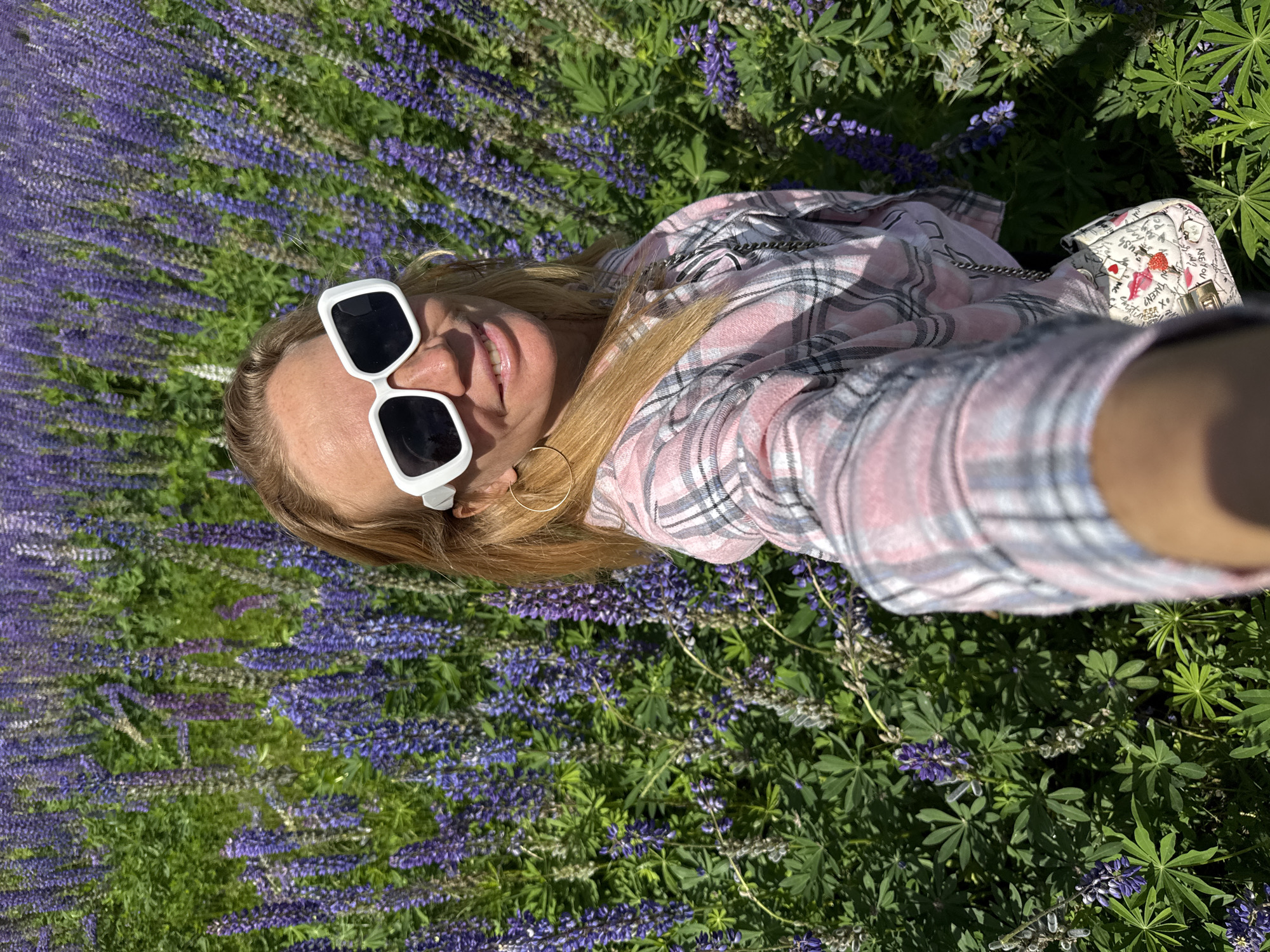 In a field of blooming lupine flowers, a woman with blonde hair, wearing white framed sunglasses and a pink plaid shirt, takes a selfie. She has a small white purse with graphics of hearts and writing slung across her shoulder. The background is filled with a dense field of purple lupine flowers and lush green foliage. The scene appears to be outdoors, possibly in a park or natural area. The sun is shining, casting bright light on the scene. The woman is smiling at the camera.