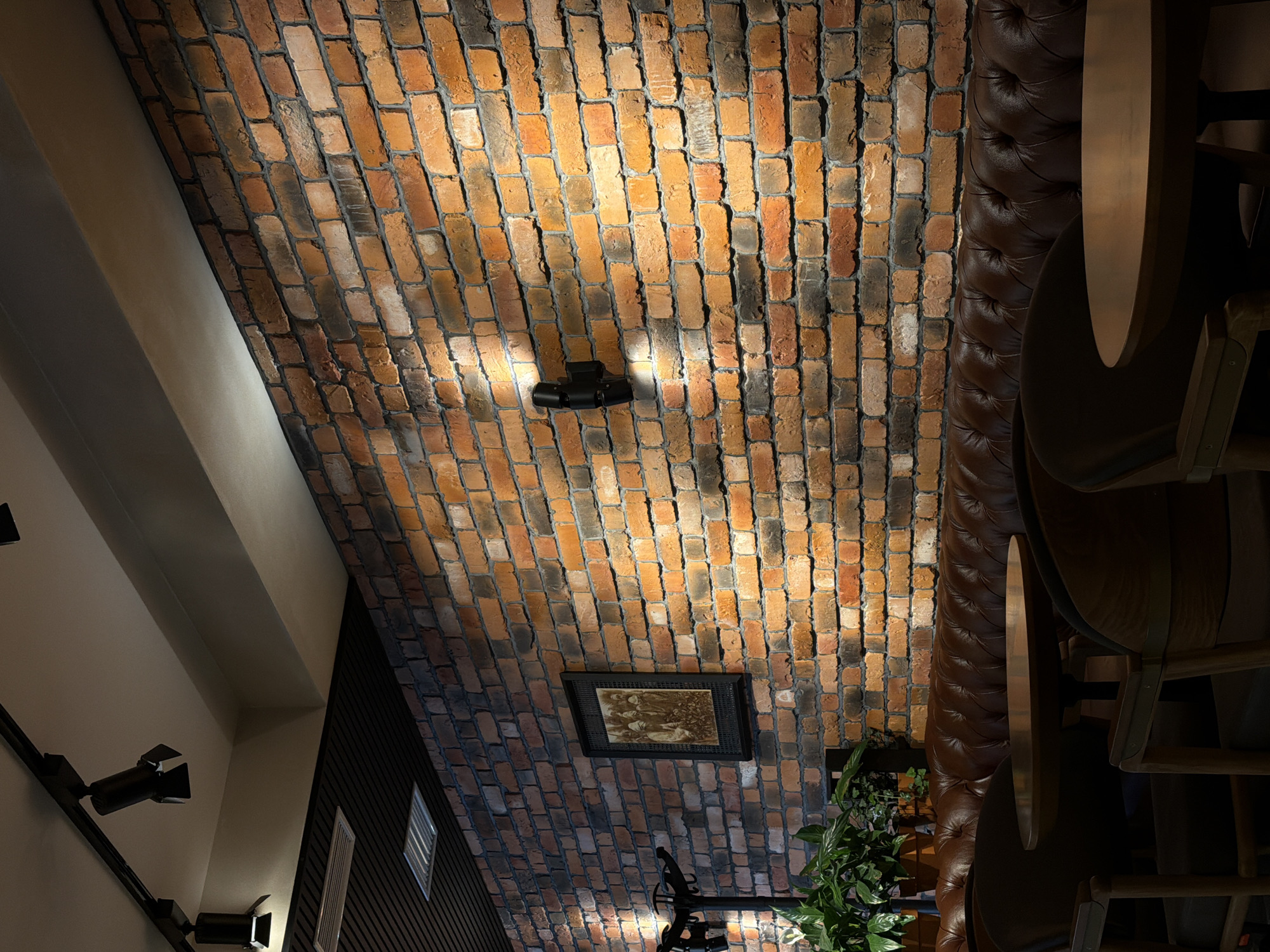The image depicts an interior with a distinctive architectural feature: a vaulted ceiling constructed from red bricks with dark mortar. A track lighting system with adjustable spotlights is mounted on the ceiling, along with a framed artwork, appearing to be a drawing, mounted on the brick.
To the right, a portion of a tufted leather banquette is visible, along with dark wooden tables and chairs. The presence of the furniture suggests a restaurant or bar setting.
A portion of a wall painted a dark color is visible in the center left of the frame and additional light fixtures are affixed to a track, suggesting lighting in a hallway.
A large plant is in the center-right of the image.
The scene does not provide enough information to be able to pinpoint this interior to the city of Chișinău, Moldova.