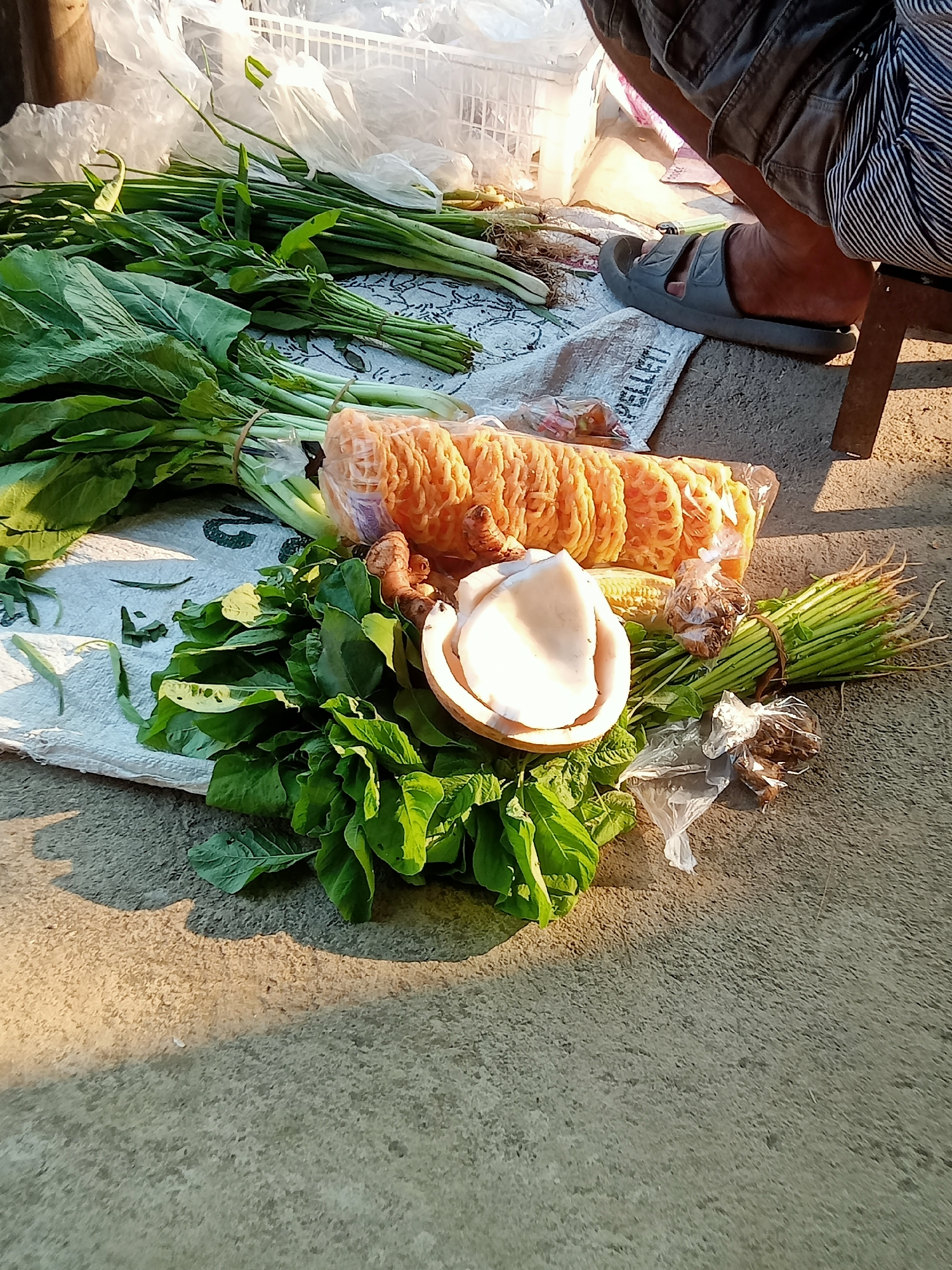 In Simo, Indonesia, a close-up, eye-level shot captures a variety of fresh produce and other items laid out on a textured, concrete surface. In the foreground, a halved coconut sits prominently, its white flesh exposed. Surrounding it are bunches of vibrant green leafy vegetables, some with visible roots, tied with twine. To the right, a small bundle of green herbs or vegetables, also tied, is present. A package of what appears to be fried crackers or crisps, with a circular, porous pattern, is visible in the mid-ground, partially wrapped in plastic. There are also small, plastic-wrapped bundles containing brown, dried items, possibly spices or herbs. In the background, a person's legs are visible, wearing dark shorts and a striped garment, with a gray sandal on one foot. The person is seated, possibly on a stool which is partially visible. White plastic bags and a white plastic crate are also present in the background, suggesting a market or vendor setting. The lighting suggests it is either early morning or late afternoon, casting shadows across the scene.