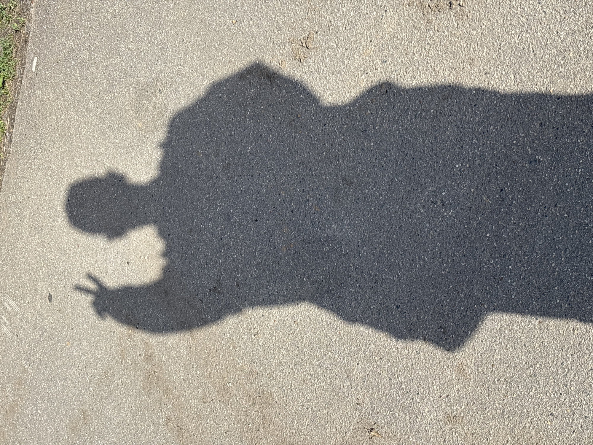 This media file shows a shadow of a person on a paved surface, likely a sidewalk or road. The shadow is cast in a way that suggests it is daytime, with the sun being the light source. The shadow depicts a person from the torso up, with their head turned to the left. Their left hand is raised, and the fingers are positioned to form a "peace" sign. The shadow is elongated, indicating the sun is at a moderate angle, not directly overhead. The paved surface is textured, with small stones visible within the asphalt. To the left of the paved area, there is a strip of grass and some dry vegetation, hinting at an outdoor environment. The overall scene is simple and focuses on the play of light and shadow. There is no visible text in the image. The context provided, "Ostrov, Russia," places the location of this image in a specific geographical area.
