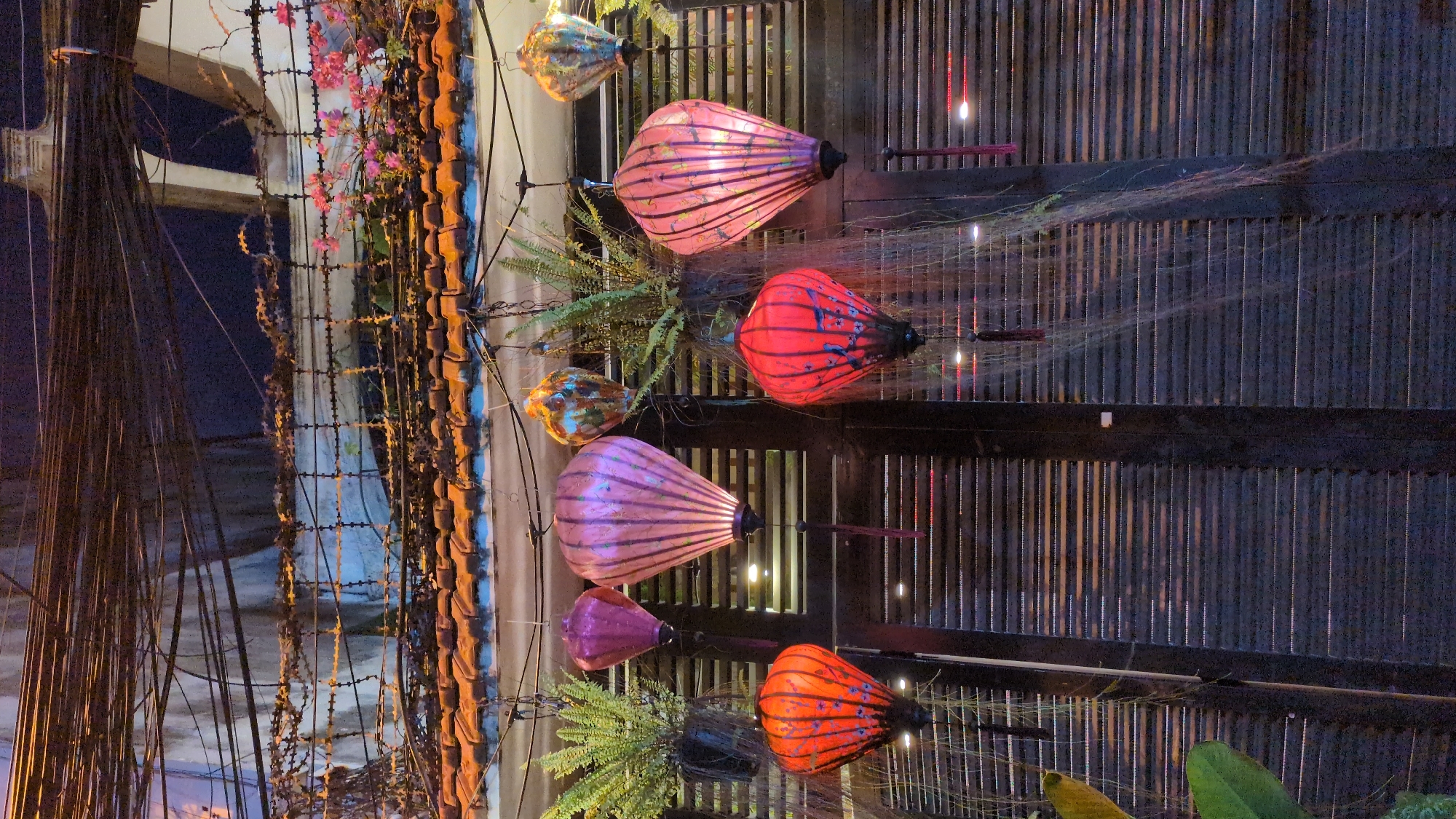 The image depicts a street scene in Ho Chi Minh City, Vietnam, likely in an area known for its vibrant nightlife and traditional atmosphere, such as District 1 or Hoi An. The foreground is dominated by a row of colorful, illuminated lanterns hanging from wires. These lanterns are of various shapes and sizes, with dominant colors including pink, orange, and red. Some lanterns feature intricate patterns, while others appear to be made of a translucent material that glows from within.
Behind the lanterns, we see a dark, slatted wooden structure, possibly a window shutter or a decorative screen. Hanging plants with feathery fronds and trailing vines are interspersed among the lanterns, adding a touch of natural greenery to the scene. The background is indistinct but suggests a building with a tiled roof and an overhang, partially obscured by a dense network of electrical wires. The overall lighting is dim, with the lanterns providing the primary light source, casting warm hues onto the surrounding surfaces. The image captures a moment of a bustling urban environment, evoking a sense of cultural immersion and evening charm.