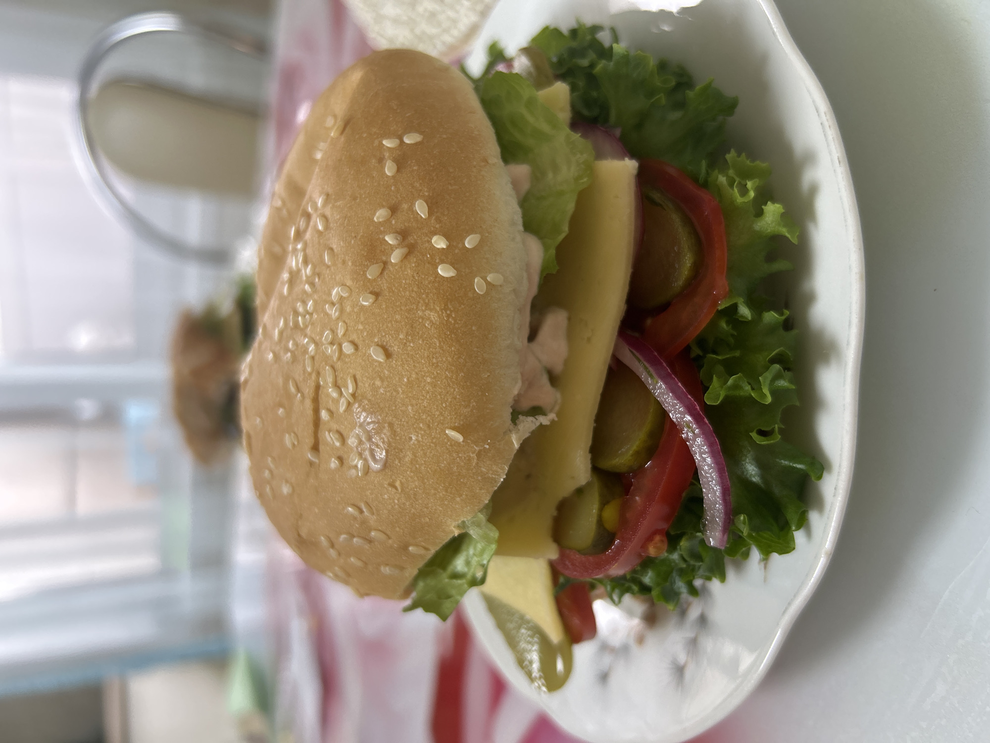 A sideways medium shot shows a sandwich on a white plate. The sandwich consists of a bun topped with sesame seeds, lettuce, a slice of cheese, tomato slices, slices of pickled cucumber, and red onion. The location is unknown.
