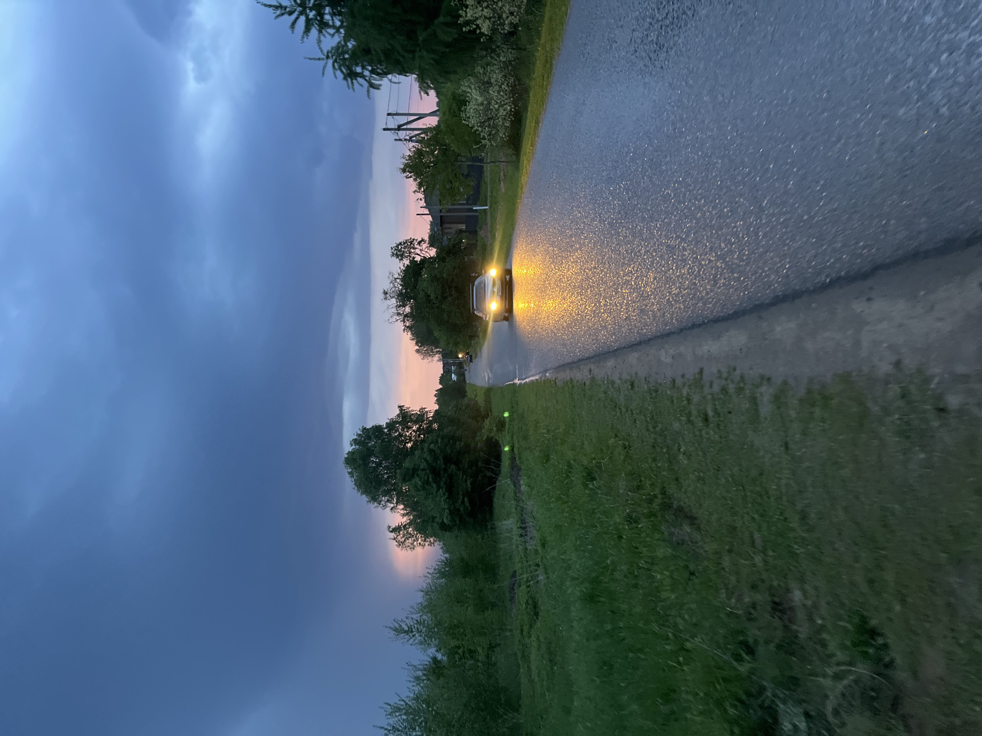 The image captures a rural or semi-rural road scene during twilight or dusk, likely after rainfall. A light-colored car is approaching from the middle distance, its bright yellow headlights illuminating the wet road surface which reflects the light, creating a sparkling effect.
The road is flanked on both sides by abundant green vegetation, including lush grass in the foreground and dense trees and bushes stretching into the background. The sky, which occupies a significant portion of the image, is a deep, cloudy blue-gray, indicating either heavy cloud cover or the onset of night. A narrow band of lighter sky with soft pink and orange hues is visible towards the horizon on the left, suggesting the lingering glow of sunset.
Faint structures, possibly power lines or utility poles, can be glimpsed through the trees on the left side of the road in the mid-ground. The overall impression is one of quiet transit in a natural, somewhat dramatic setting, with the car's headlights cutting through the low light. The wet conditions add to the atmospheric quality. The location context provided is Pyatnitsa, Russia. No visible text is present in the image.