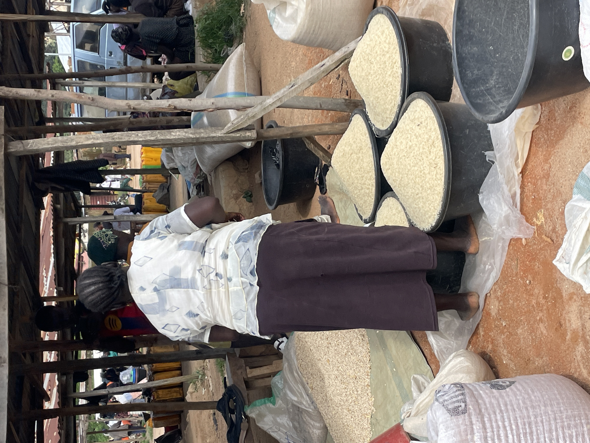 This is a medium shot of an outdoor market in Wang, Nigeria. In the foreground, a woman with braided dark hair, wearing a white and blue patterned blouse and a long, dark purple skirt, stands with her back to the camera. She is facing away from the viewer, looking towards a stall under a wooden canopy. In front of her are several large black plastic basins filled with rice. To her left, a large pile of lighter-colored grain is spread on a green tarp, and several white sacks of produce are visible. Behind the woman and the stall, other market-goers and their stalls are visible, as well as a blue van. The ground is a reddish-brown dirt. The scene appears to be a typical market day, with goods displayed for sale.