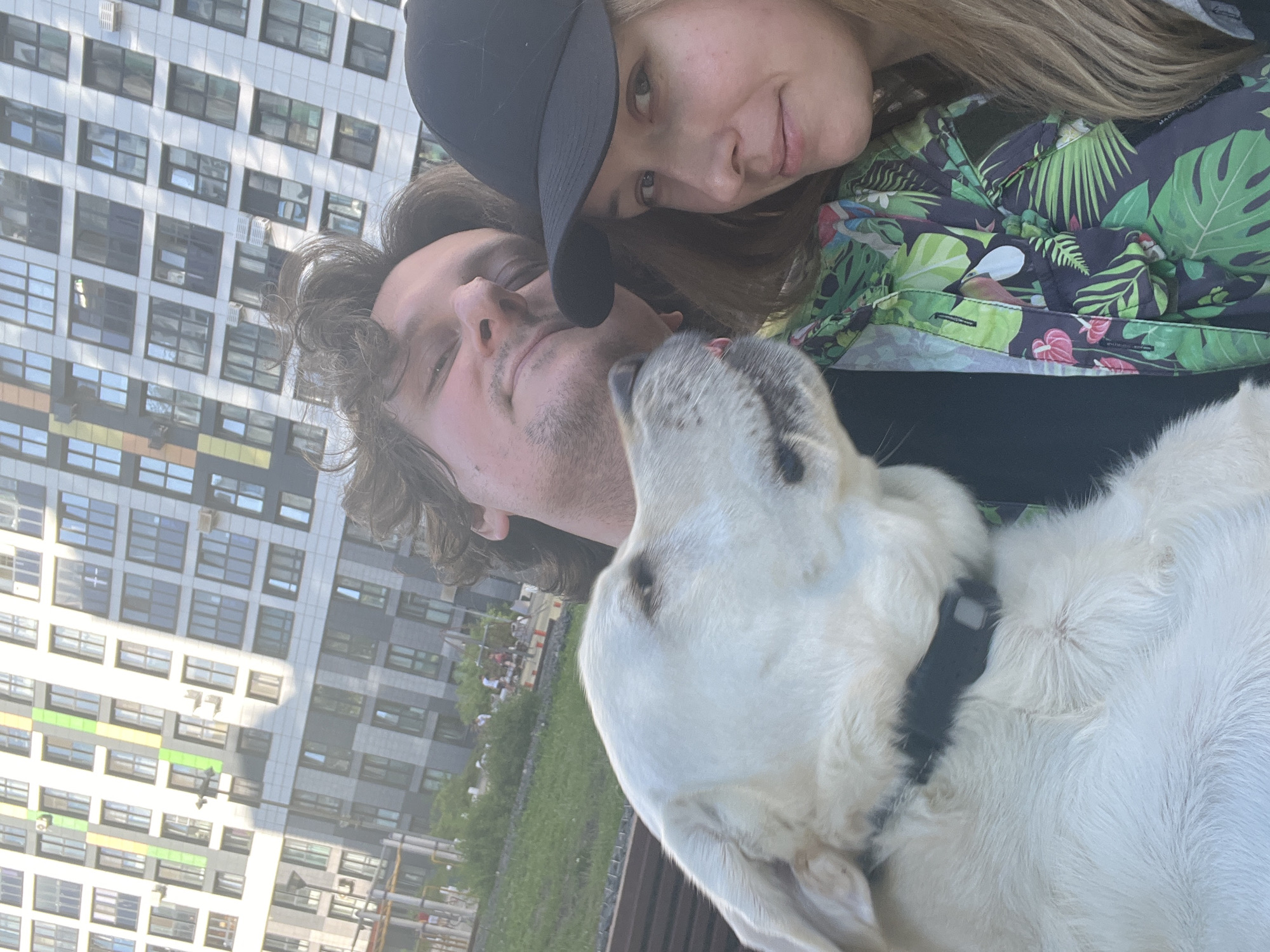 A close-up selfie shows two individuals and a dog in an outdoor urban environment in Mytishchi, Russia, under bright daylight. A man, appearing in his late 20s to early 30s, with dark, curly hair and stubble, wears a dark t-shirt and leans into the frame with partially closed eyes and a slight smile, appearing to be nuzzling or being licked by the dog. A woman, also in her late 20s to early 30s, with long blonde hair, wears a black baseball cap and a green, black, and red tropical print button-up shirt, looking directly at the camera with a neutral expression. A light-colored Labrador-type dog, wearing a dark collar, occupies the foreground, its head turned towards the man, with its tongue visible near his face, indicating a lick or nuzzle. The background consists of several modern, multi-story residential buildings with light-colored facades, numerous windows, and some vertical green, yellow, and dark paneling accents. Below the buildings, a stretch of green grass and a distant playground area with indistinct figures are visible.