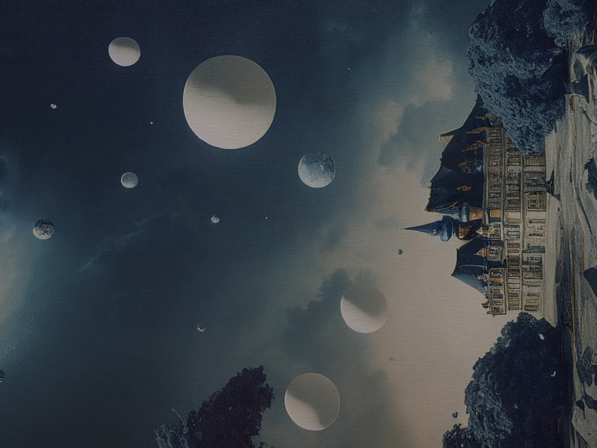 The image depicts an surreal, otherworldly scene with a grand, ornate building resembling a castle or large manor house as the central subject. This structure features multiple stories, a dark, steeply pitched roof with dormer windows, and several spires, including a prominent central blue spire. The building is flanked by two large, dark, bushy trees or mounds of foliage on either side. The foreground consists of rocky, uneven terrain with scattered stones and patches of light-colored ground.
The sky above is a deep, dark blue, filled with swirling, wispy clouds in lighter shades of grey and white. Scattered throughout the sky are numerous spherical objects, varying in size and texture. Some are smooth and luminous white, while others appear more textured and cratered, resembling moons or planets. A few of these spheres are large and dominant, while many others are smaller and more distant. The overall atmosphere is dreamlike and mysterious, with a sense of scale that is difficult to ascertain due to the unusual elements.
There is no discernible location in the city of Naberezhnye Chelny, Russia, depicted in this image.