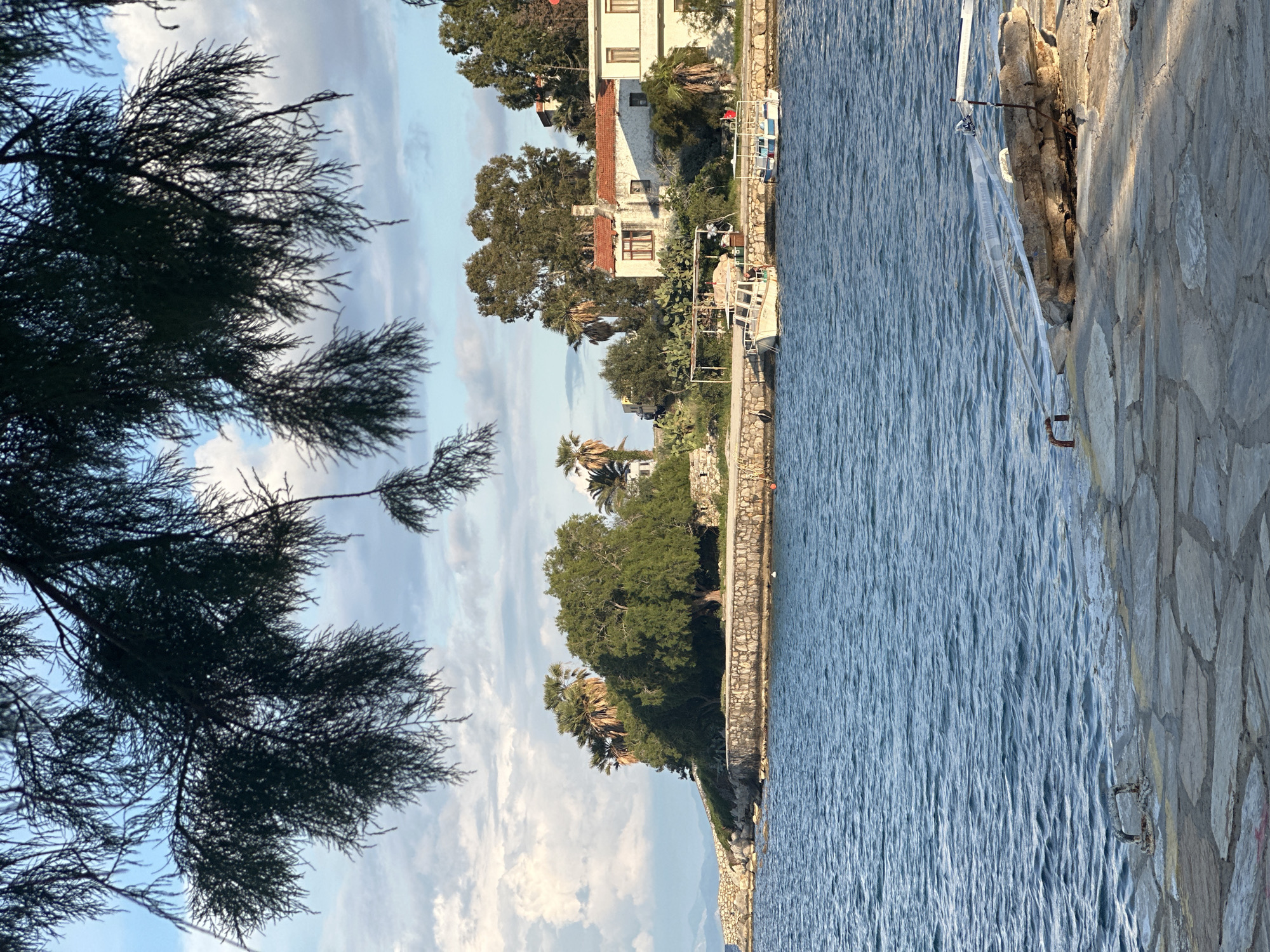 The photograph shows a waterfront scene in Datça, Turkey. A stone walkway lines the water's edge. The water is calm with small waves. On the other side of the walkway, there is a shoreline with trees and buildings. In the foreground, silhouetted tree branches frame the view. The sky is blue with white clouds.
