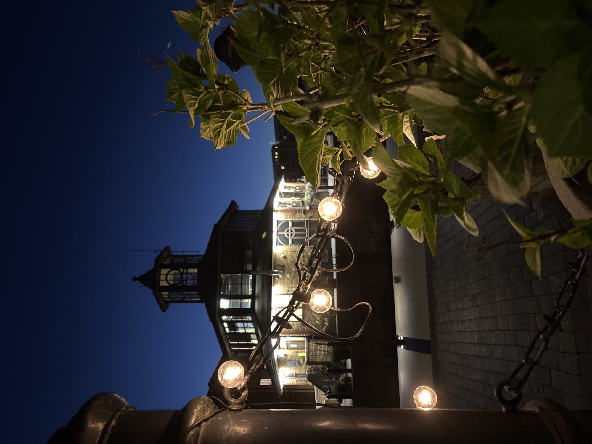 The photo, taken at night, features a building with a clock tower against a deep blue sky, partially obscured by a tree with leaves and a string of lights. The building is well-lit, with multiple windows visible. The camera angle is low, looking upwards, with a metal railing or pipe in the foreground. The overall atmosphere is peaceful and urban. The photo location is in the City of London in the United Kingdom.