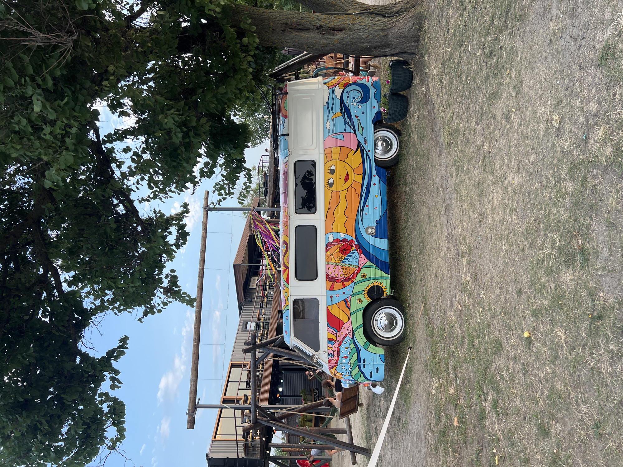 The image shows a vibrant, art-covered van parked on a grassy area. The van features a psychedelic mural with a sun, waves, flowers, and abstract patterns in bright colors. Behind the van, there's a multi-level structure made of shipping containers, a wooden swing set with people on it, and a large tree with lush green leaves. The sky is visible above with scattered clouds. The scene appears to be an outdoor recreational area or a beachfront location, possibly a cafe or bar. There are two dark green planters with pink flowers in front of the van. The ground is covered with dry grass and patches of dirt. This is a scene at the "Dom Bar" in Yeysk, Russia.