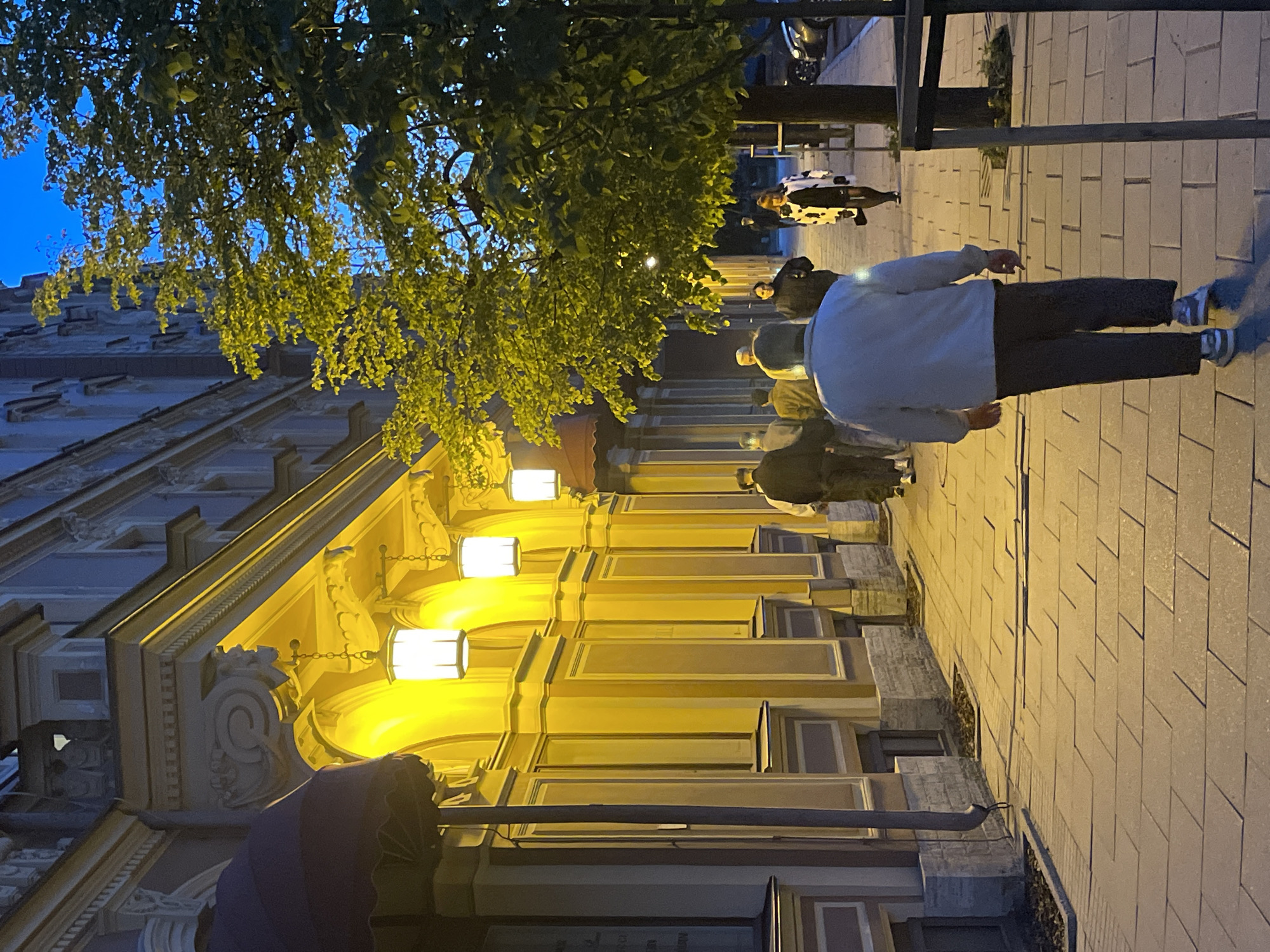 This image captures an atmospheric evening street scene in an urban environment, consistent with Saint Petersburg, Russia. The focal point on the left is a grand, multi-story building featuring ornate classical architecture, including pilasters, cornices, and decorative carvings, all painted in a warm yellow hue. A series of four illuminated rectangular lanterns hang from the building's facade, casting a bright, yellow light that highlights the architectural details and the vibrant green leaves of a large overhanging tree. The sky above is a deep blue, indicating dusk or early night.
On the right side, a paved sidewalk made of light-colored interlocking pavers extends into the distance. Several people are seen walking along this sidewalk. In the foreground, a person is captured from behind, dressed in a light-colored jacket, dark pants, and white sneakers. Further down the street, a distinctive individual is visible wearing a black and white cow-print costume or outfit. Other blurred figures suggest moderate pedestrian activity. The scene conveys a calm and ambient evening, illuminated by artificial light sources. No discernible text is visible in the image.