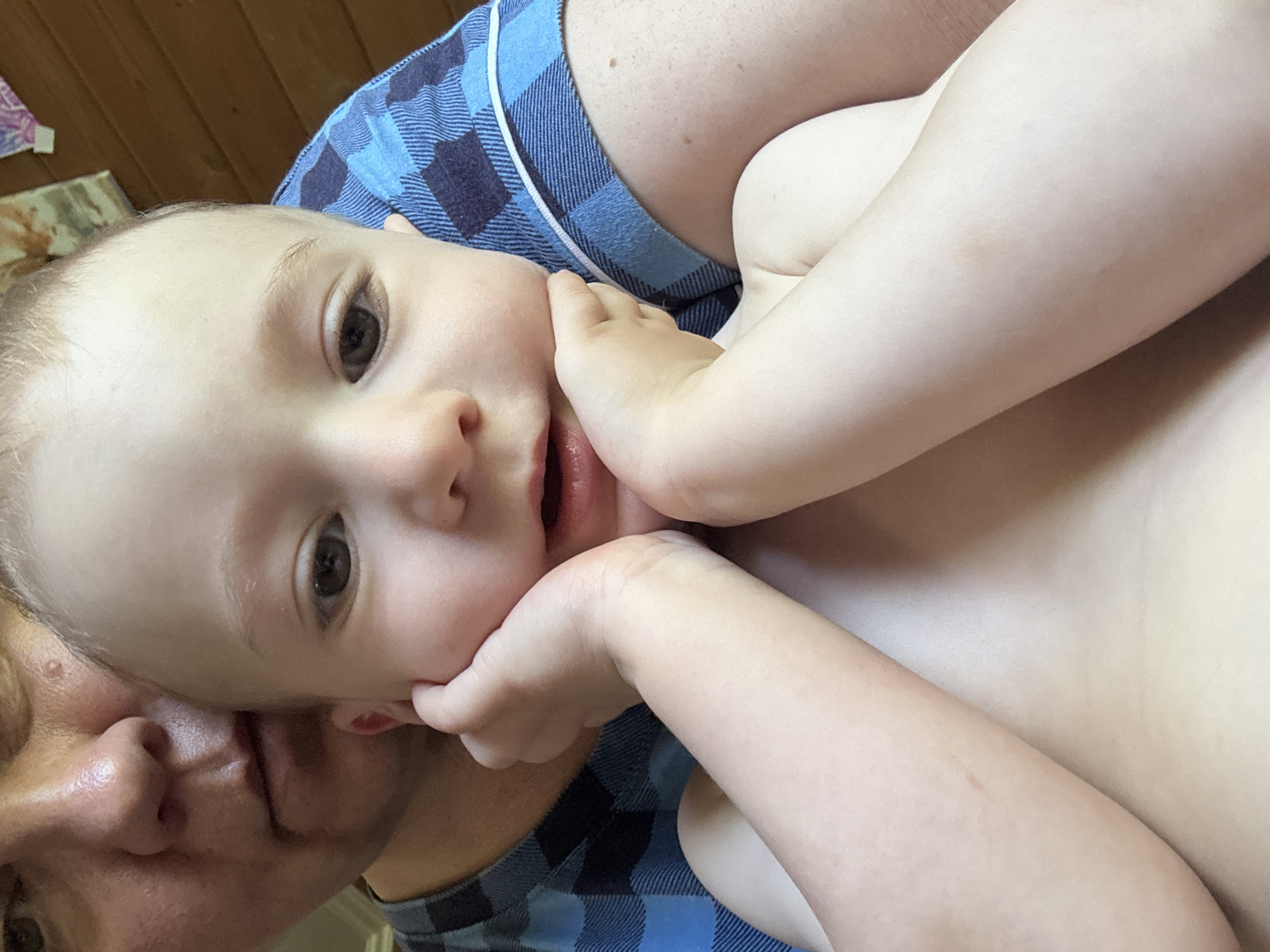 This is a close-up, vertically oriented photo of a baby being held by an adult. The baby, with light skin and light hair, looks directly at the camera with a neutral expression. The baby's right hand is near its mouth. The adult's face is visible in the lower left corner, with their nose and mouth showing. They appear to be resting their head or shoulder on the baby's head.
The baby is wearing a blue and white plaid shirt, and the adult is wearing a similar blue plaid garment, likely pajamas or loungewear. The background consists of a wooden surface, possibly a wall or furniture. The lighting suggests an indoor setting during the daytime. The overall mood is intimate and relaxed. No visible text is present.
