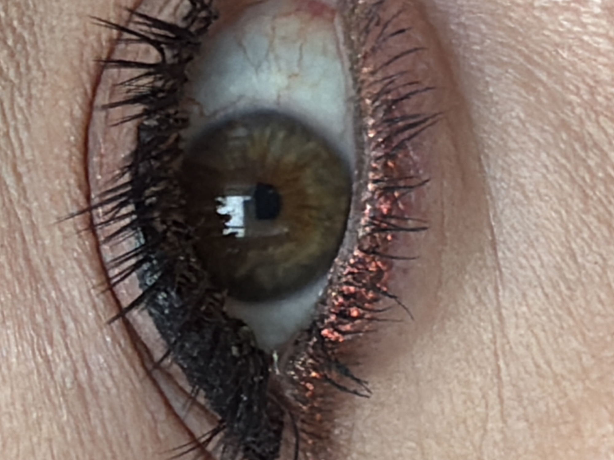 The image shows a close-up of a human eye, specifically the left eye, oriented towards the left side of the frame. The iris is hazel in color and reflects a window. Eyelashes are heavily coated with black mascara, and the upper eyelid is adorned with a rose gold colored eyeshadow. The surrounding skin exhibits natural texture and slight wrinkles. The image does not contain information suggesting it was taken in Krasnoyarsk, Russia.