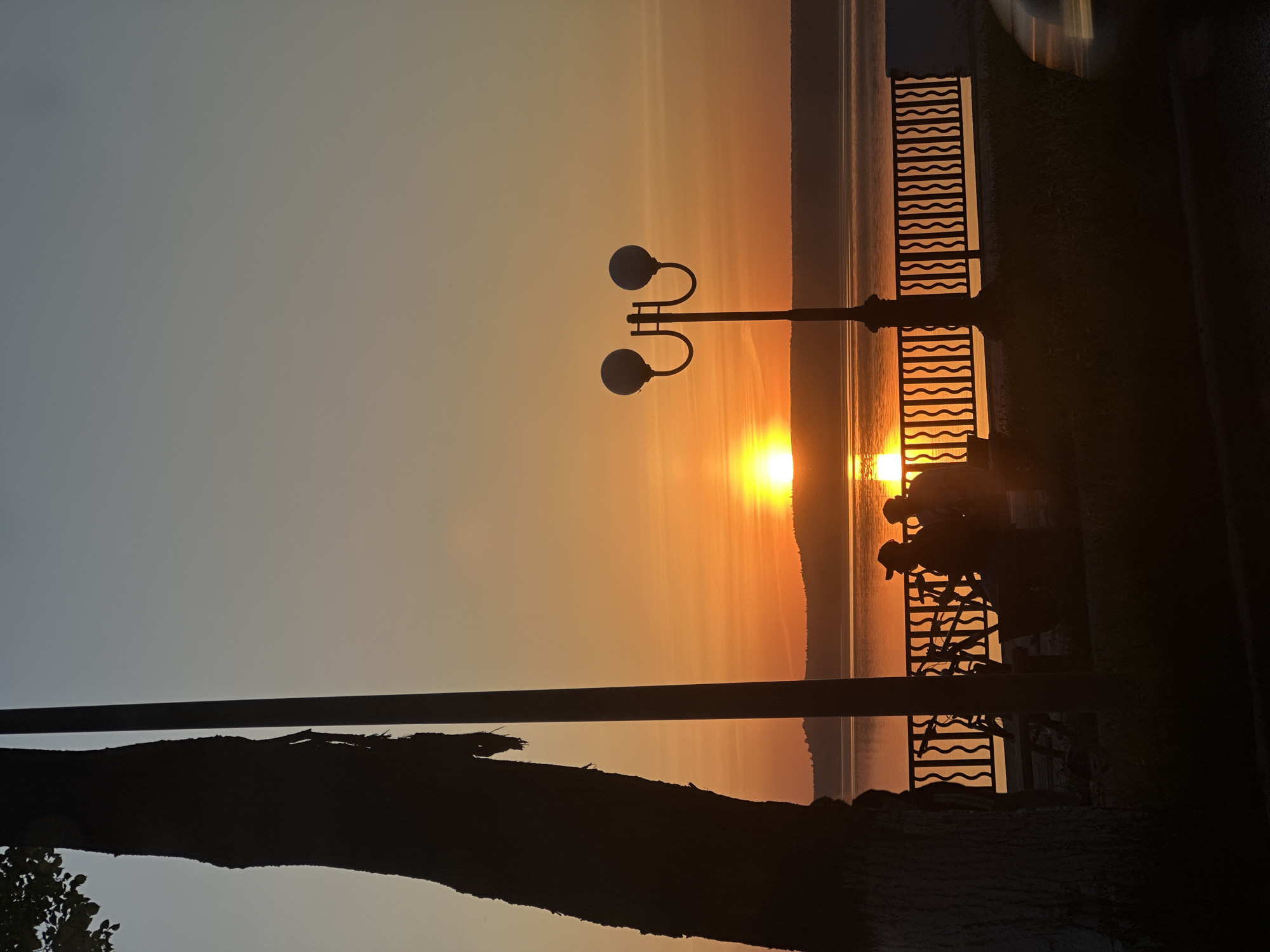 The image depicts a sunset in Votkinsk, Russia. The sun is setting over a body of water, casting an orange glow across the sky and water. In the foreground, there are silhouettes of a lamppost, a fence, and a group of people sitting on a bench. A large tree trunk is visible in the bottom left corner. The image is rotated to the side.